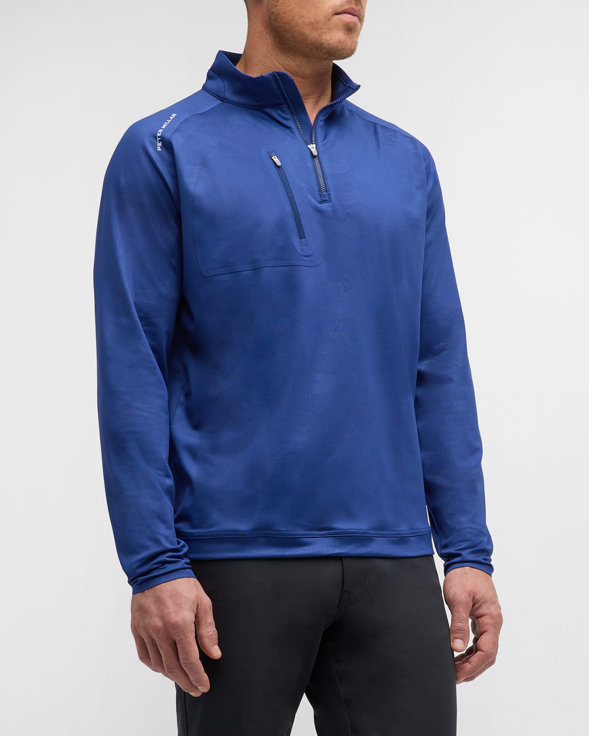 Shop Peter Millar Men's Verge Logo Camo Performance Quarter-zip Sweater In Sport Navy