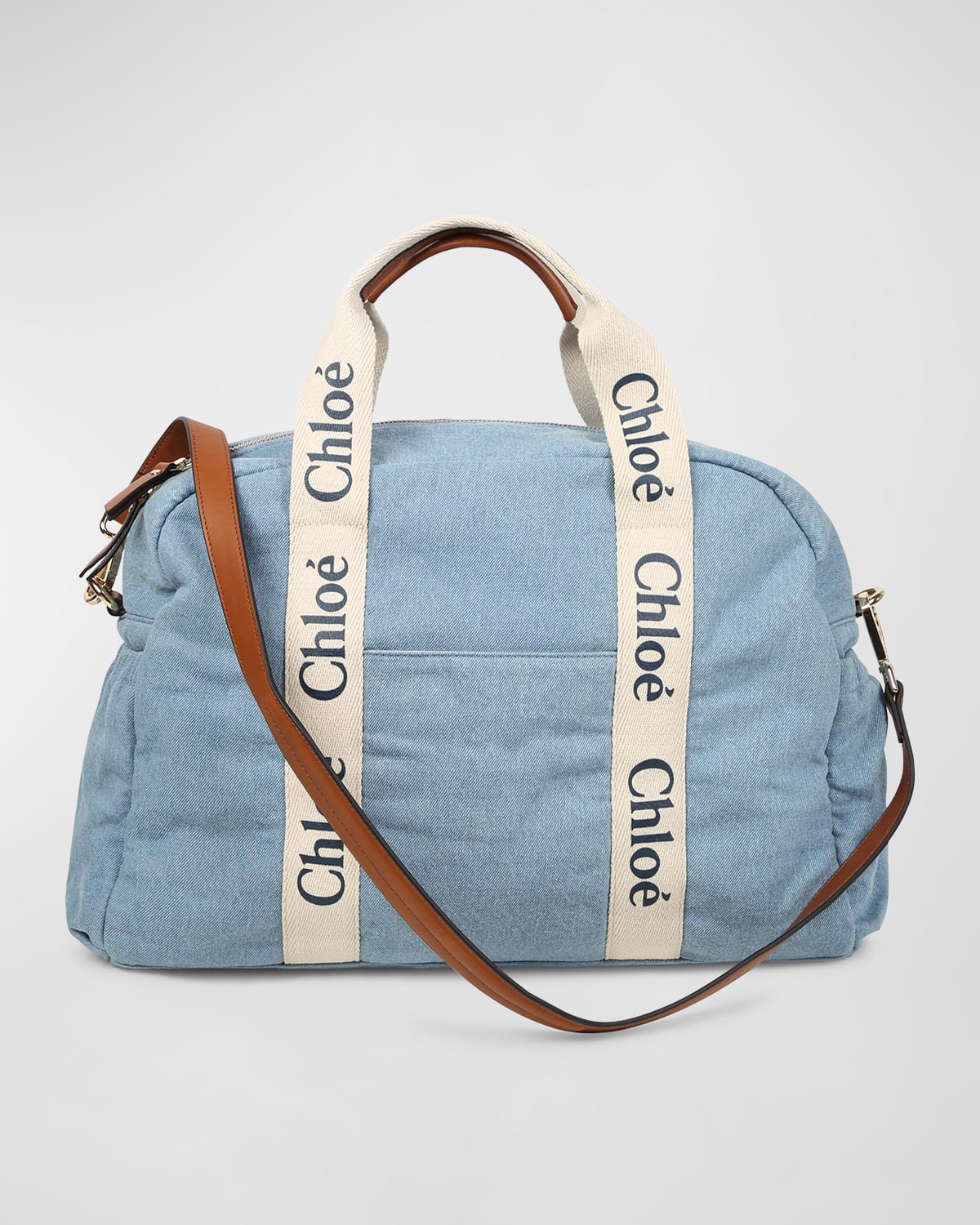 Shop Chloé Kid's Grosgrain Logo Denim Changing Bag In Denim Blue