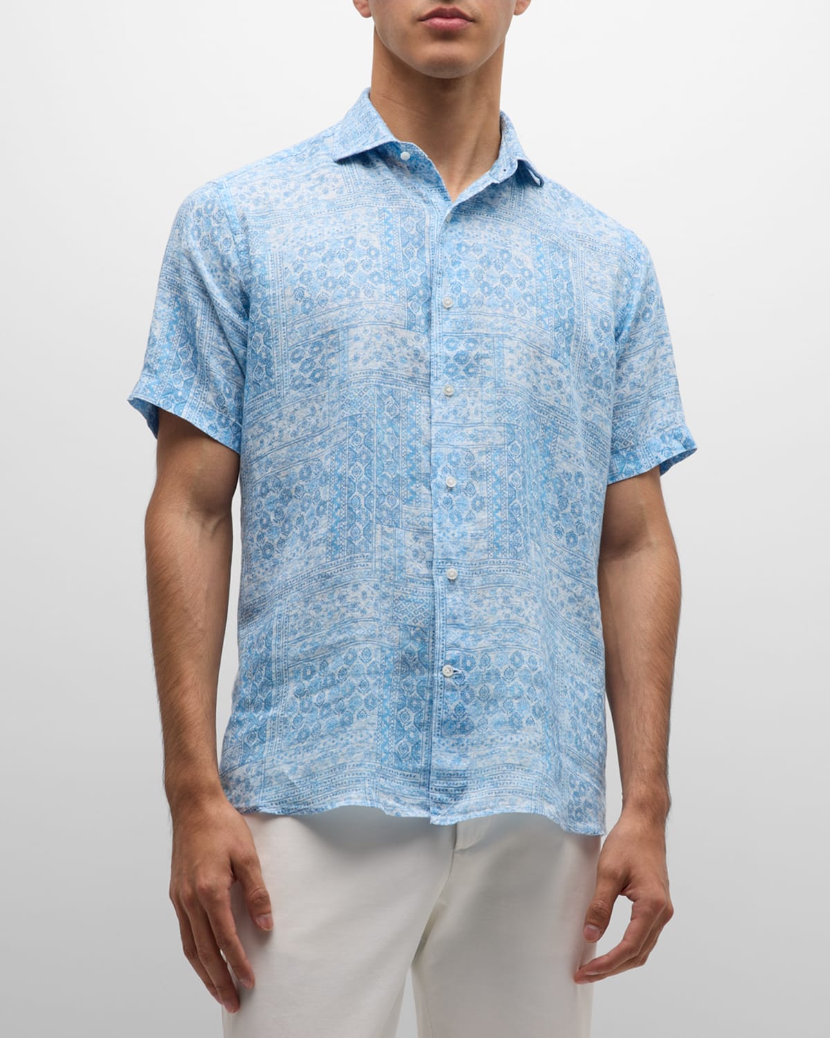 Shop Peter Millar Men's Lian Linen Short-sleeve Sport Shirt In Cascade Blue