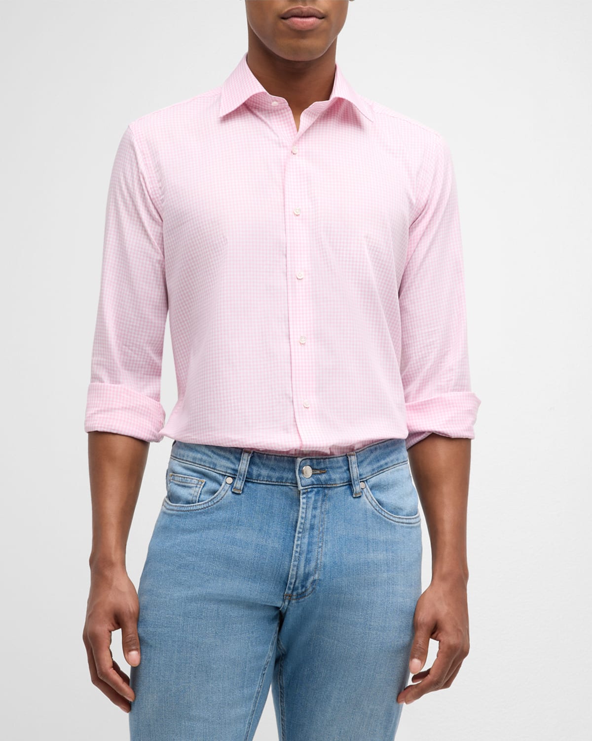 Shop Peter Millar Men's Renato Cotton Micro-gingham Sport Shirt In Spring Bloom