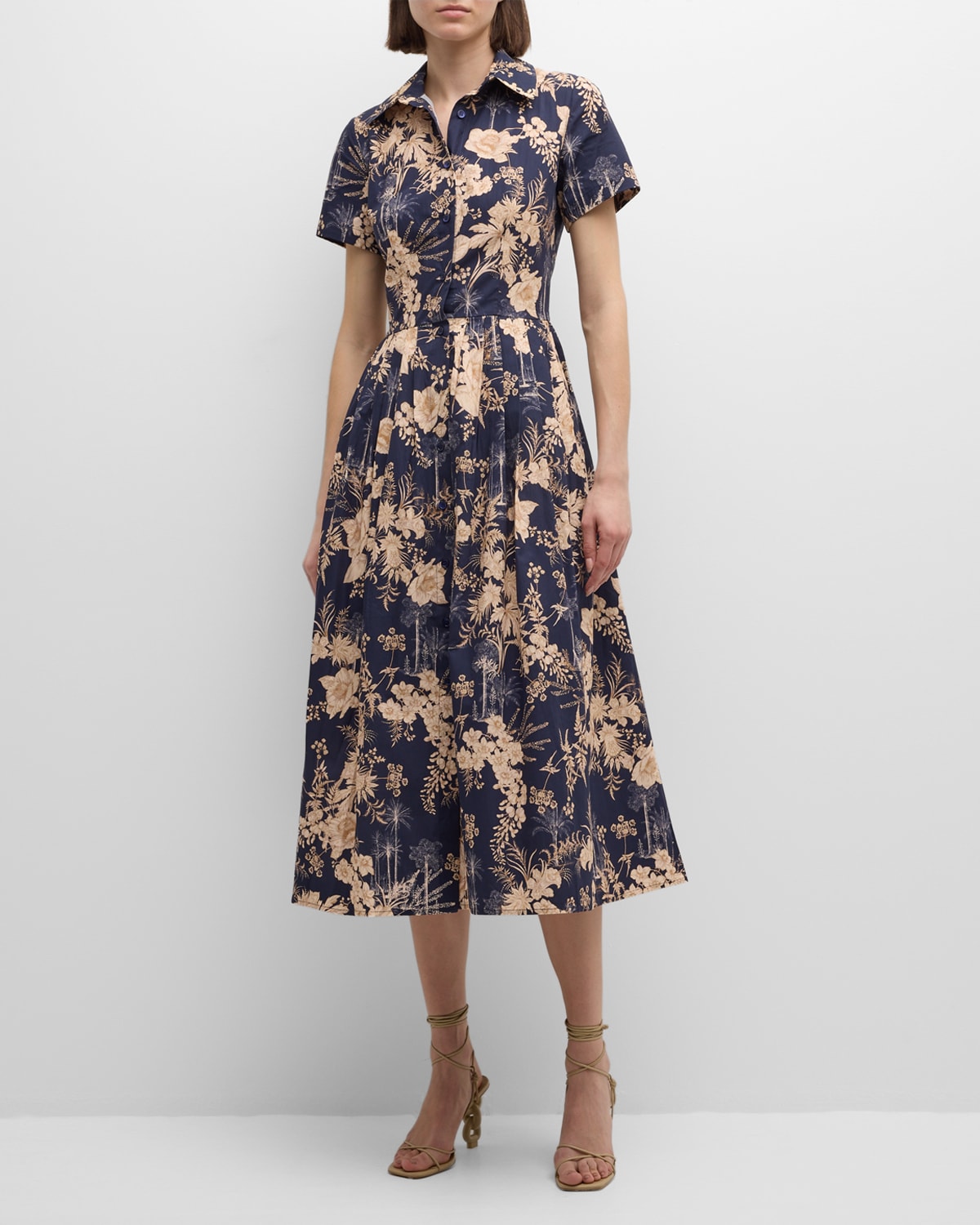 Shop Evi Grintela Nellie Pleated Floral-print Midi Shirtdress In Navy  Beige