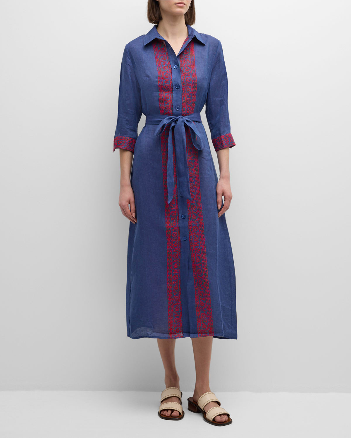 Shop Evi Grintela Riad Embroidered Linen-cotton Midi Dress In Navy Red