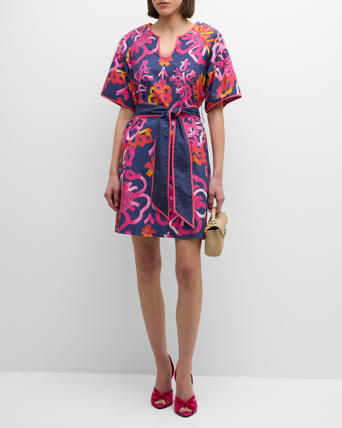 Shop Frances Valentine Doris Belted Short-sleeve Mini Dress In Navy/pink