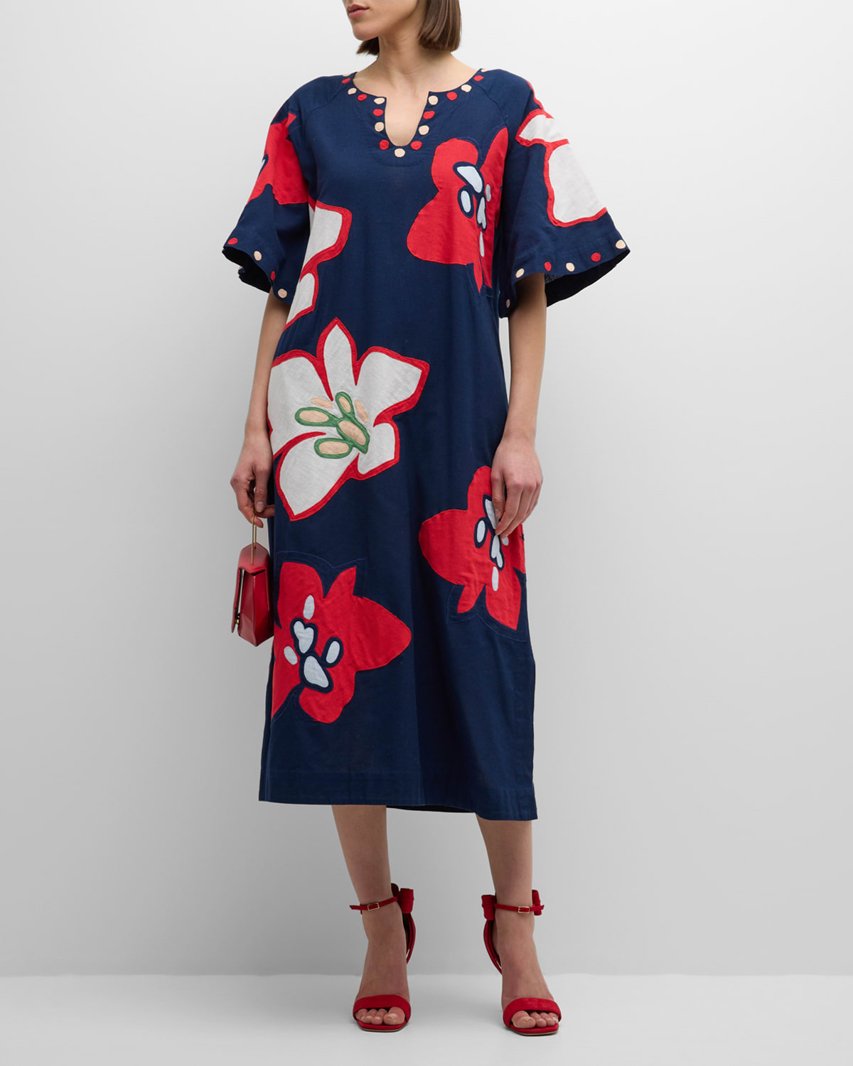 Frances Valentine Delightful Floral-print Cotton-linen Caftan In Navy Multi