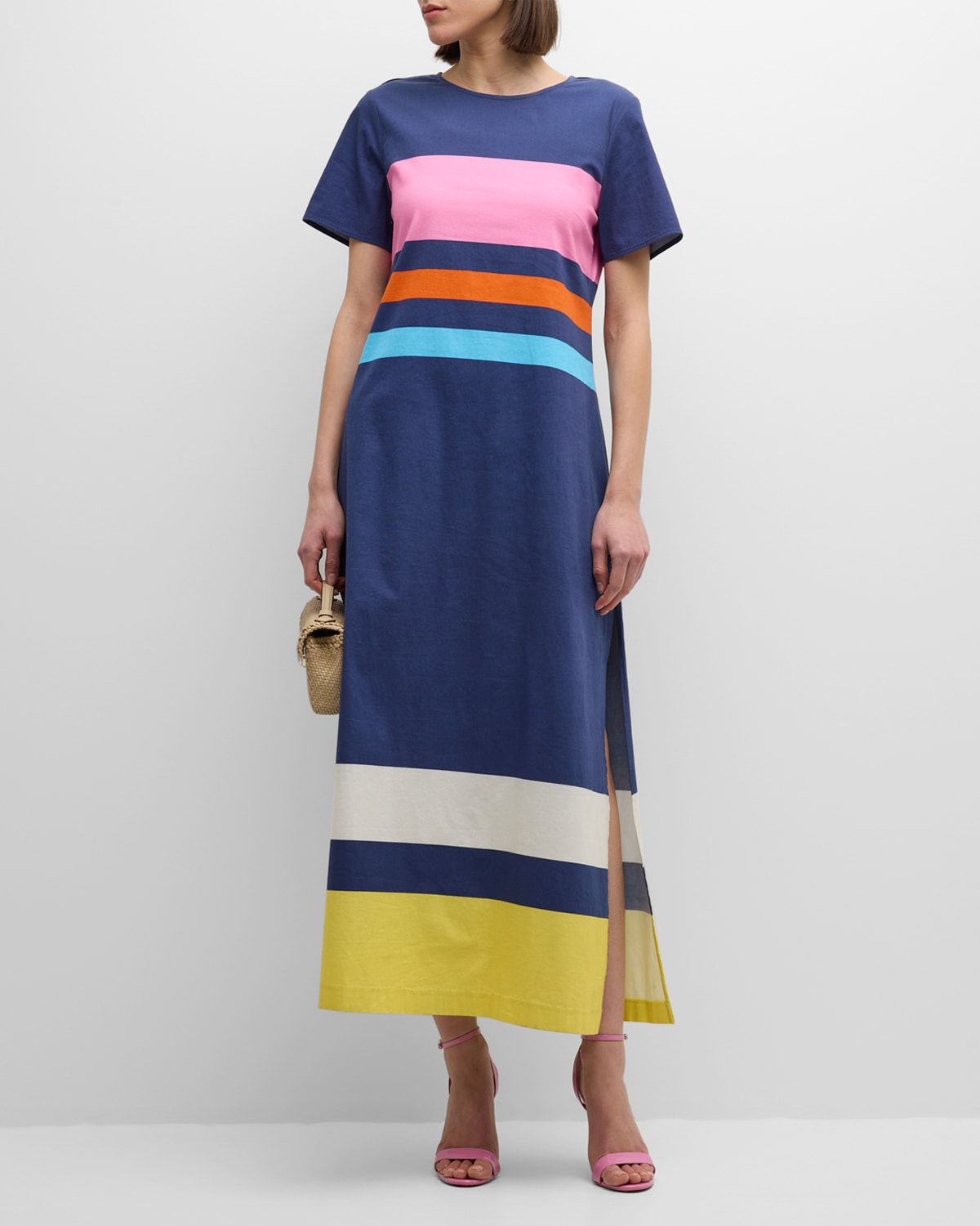 Shop Frances Valentine Vivi Striped Side-slit Maxi Dress In Navy/multi