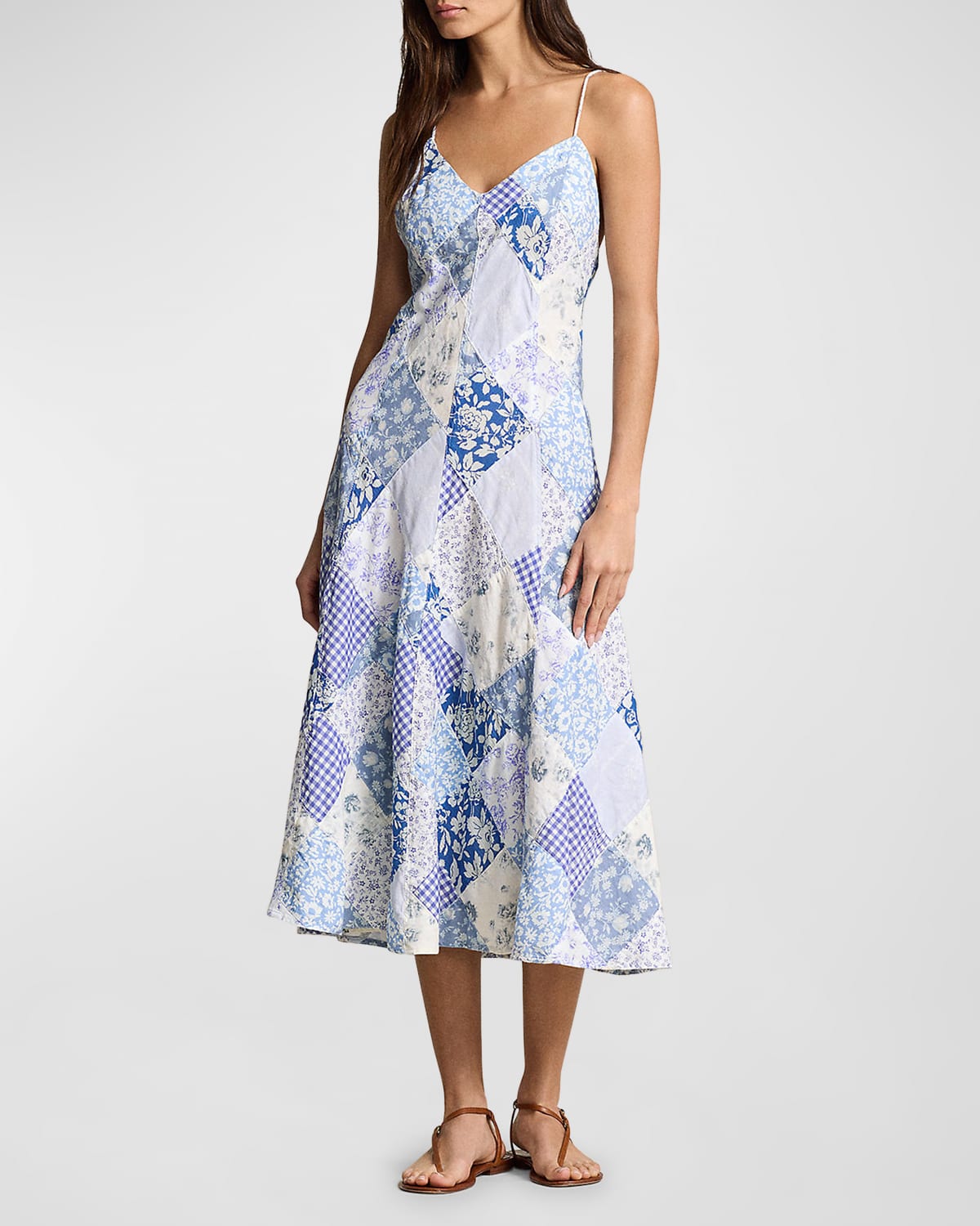 Shop Polo Ralph Lauren Patchwork V-neck Dress In 2604k Blue White