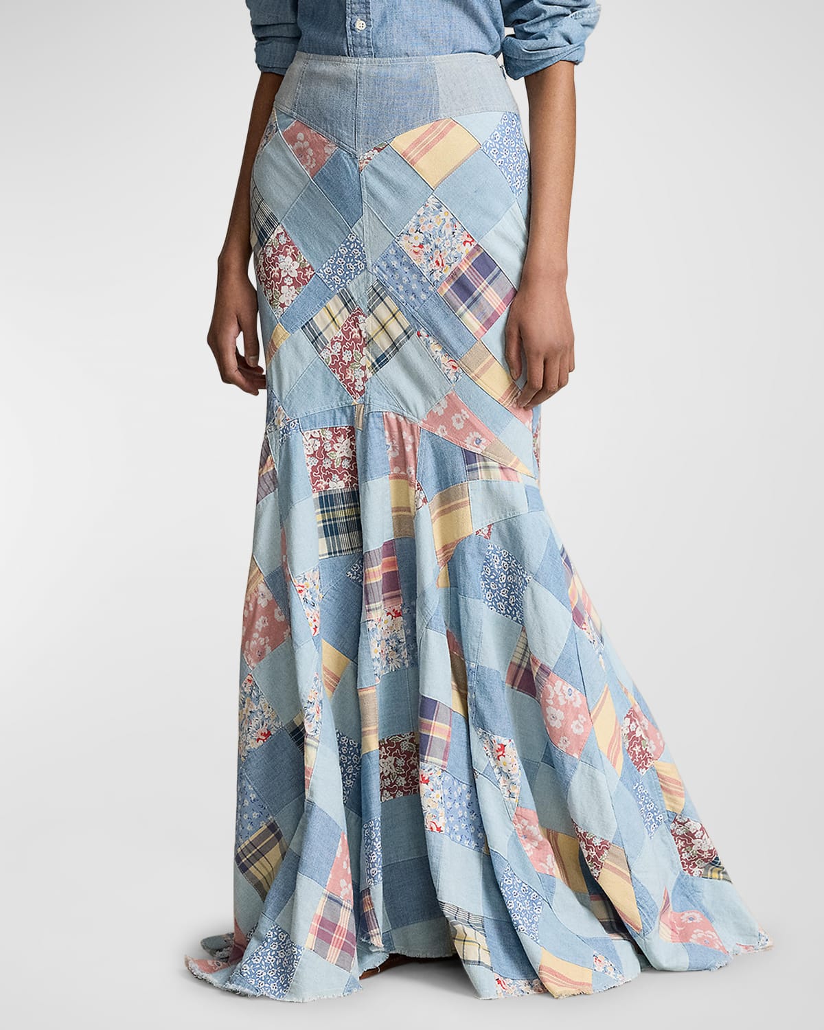 Polo Ralph Lauren Patchwork Cotton Maxi Skirt In Chambray Floral P