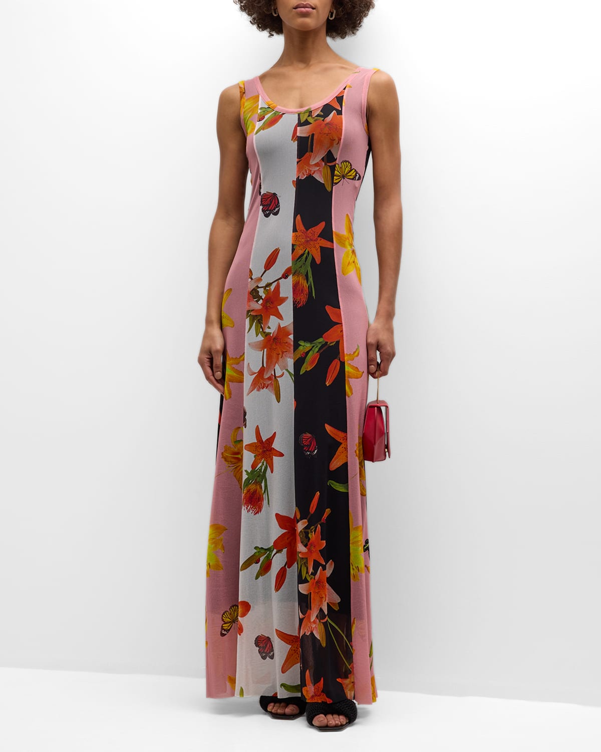 Fuzzi Colorblock Floral-print Tulle Maxi Dress In Multicolor