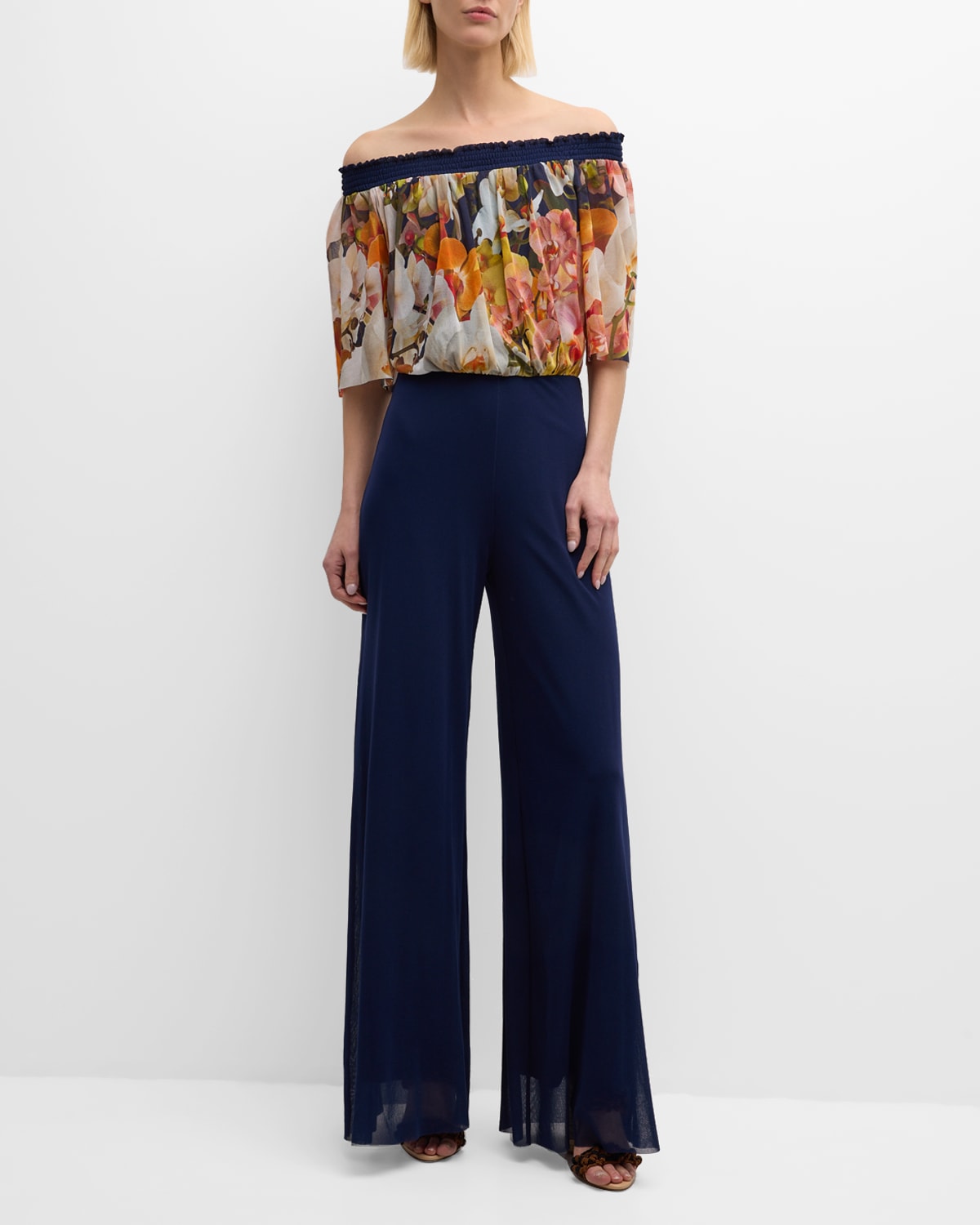 Off-Shoulder Floral-Print Tulle Jumpsuit