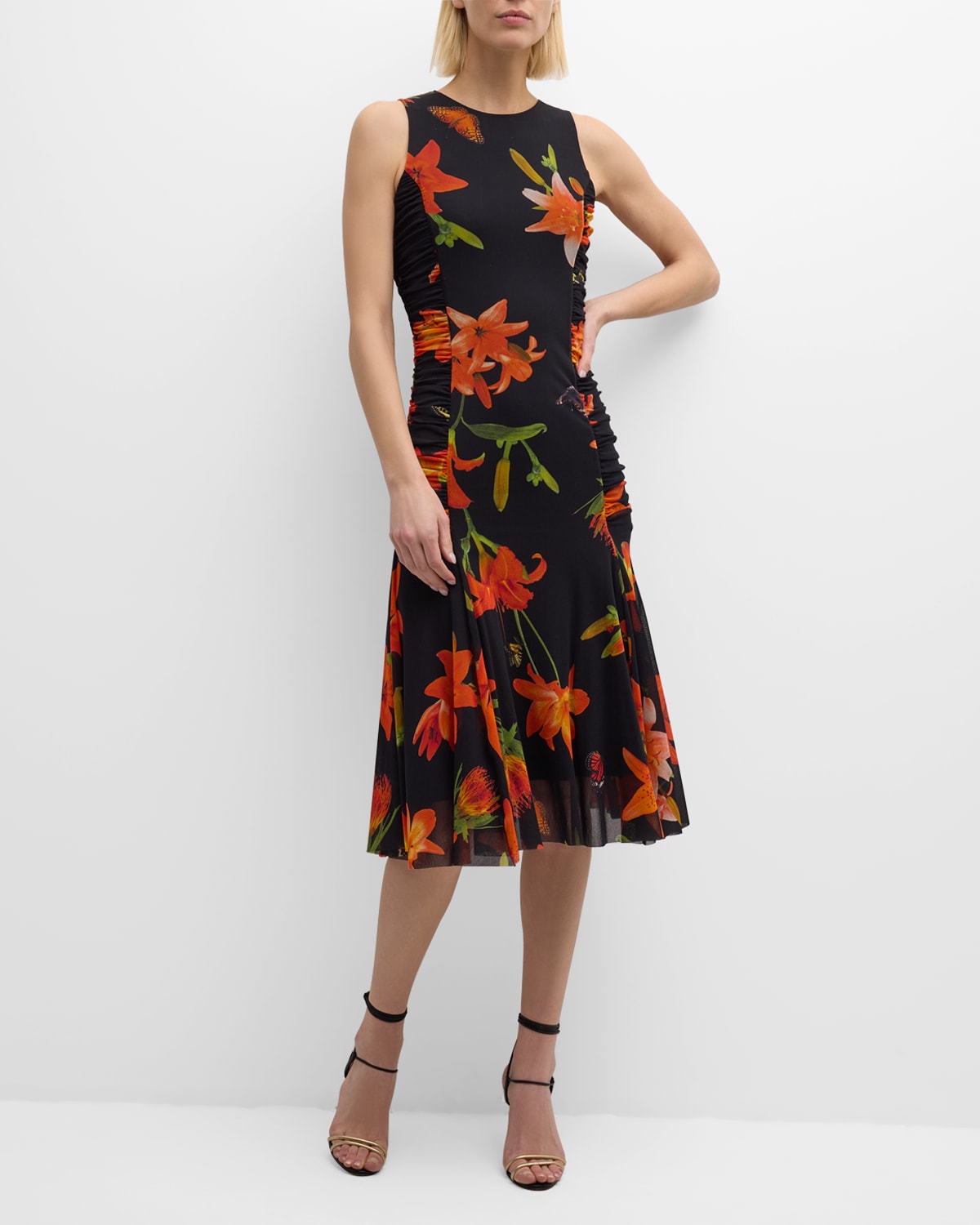 Sleeveless Ruched Floral-Print Tulle Midi Dress