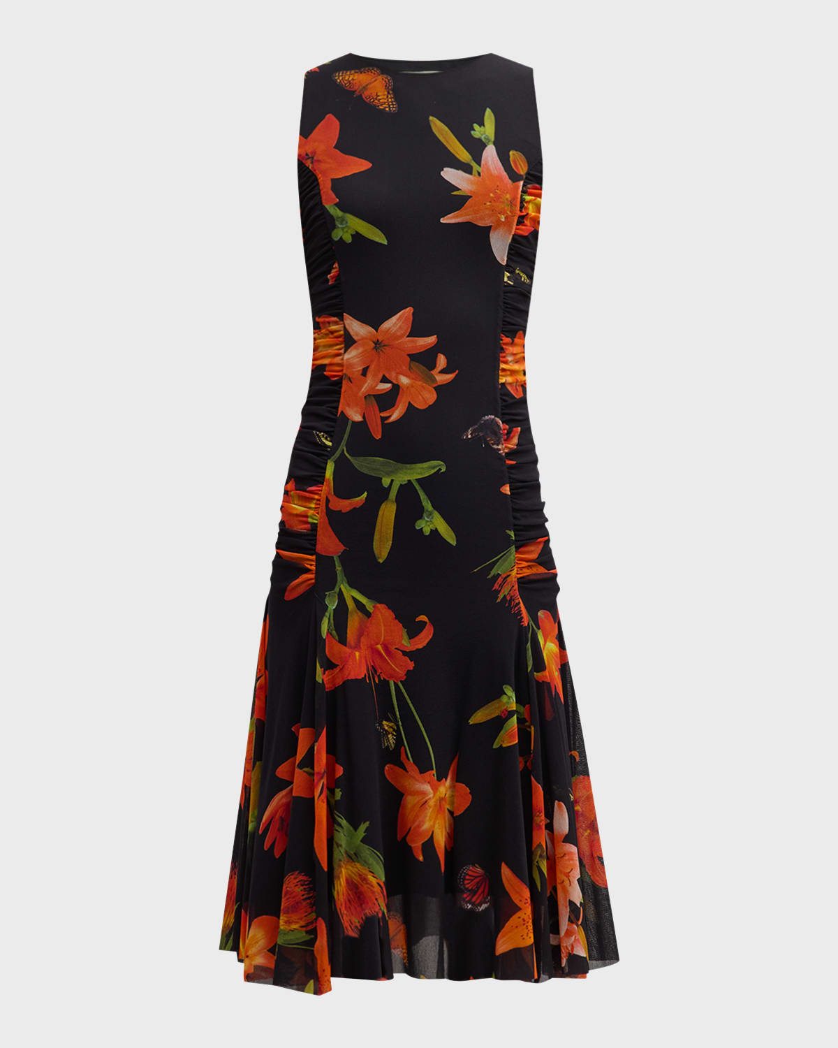 Sleeveless Ruched Floral-Print Tulle Midi Dress