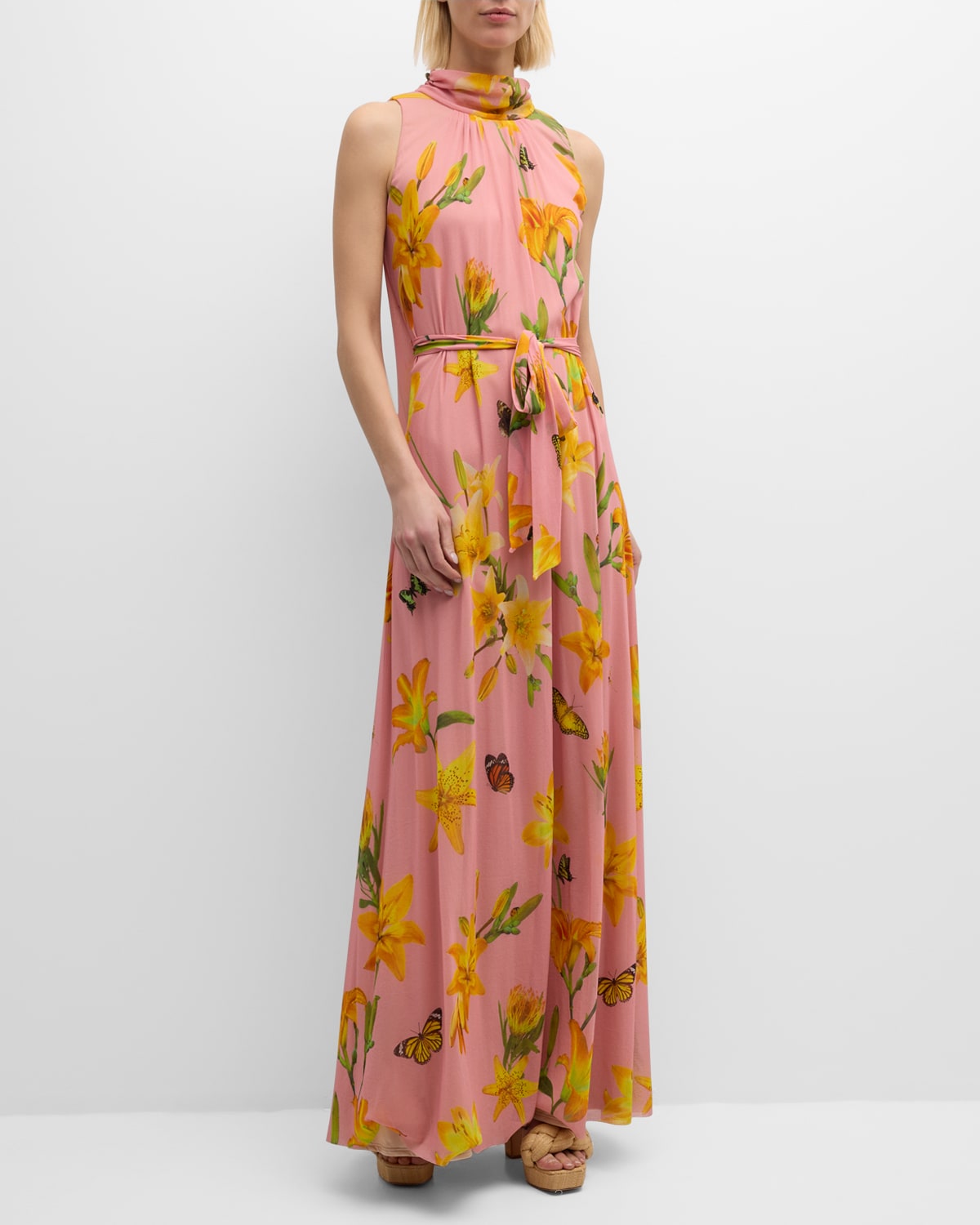Floral-Print Turtleneck Tulle Maxi Dress
