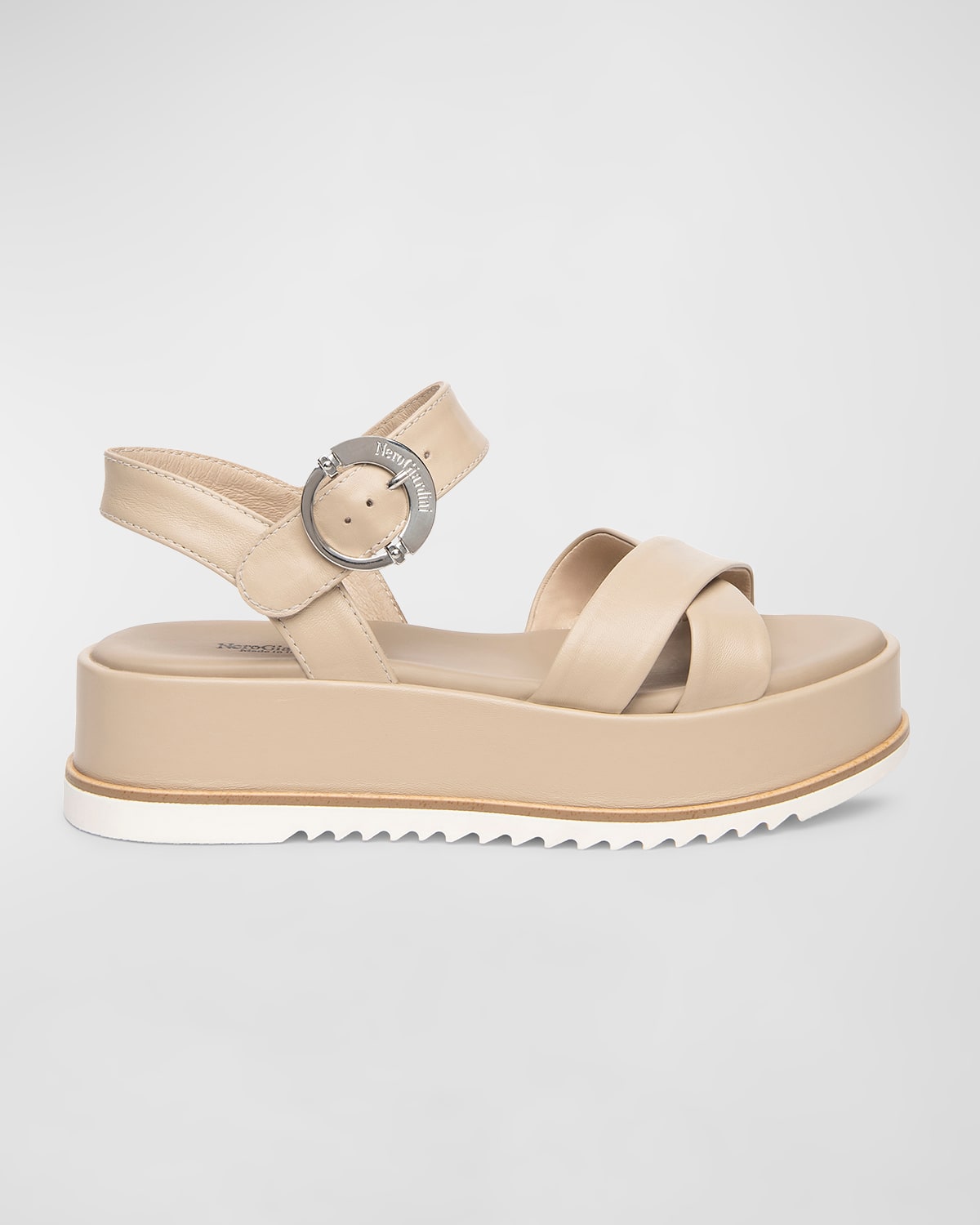Shop Nerogiardini Calfskin Crisscross Flatform Sandals In Beige / Khaki