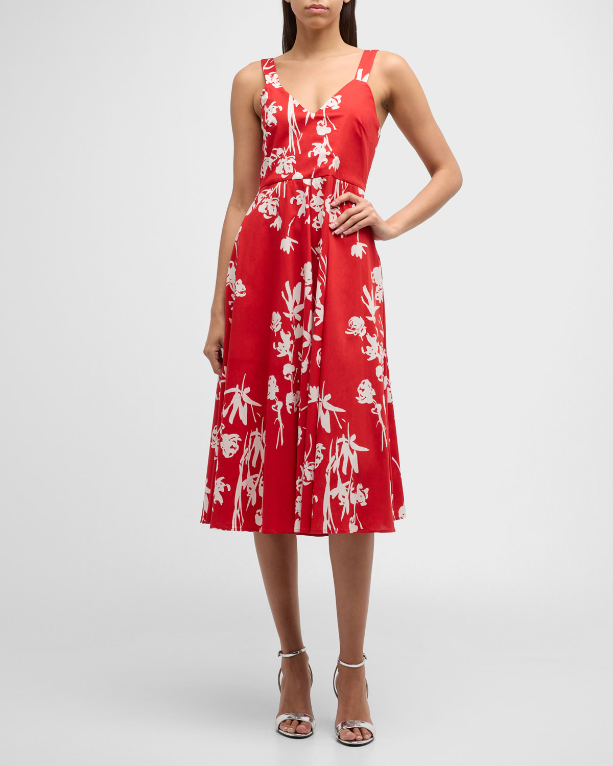 Shop Marella Sleeveless Floral-print A-line Midi Dress In Red Floral