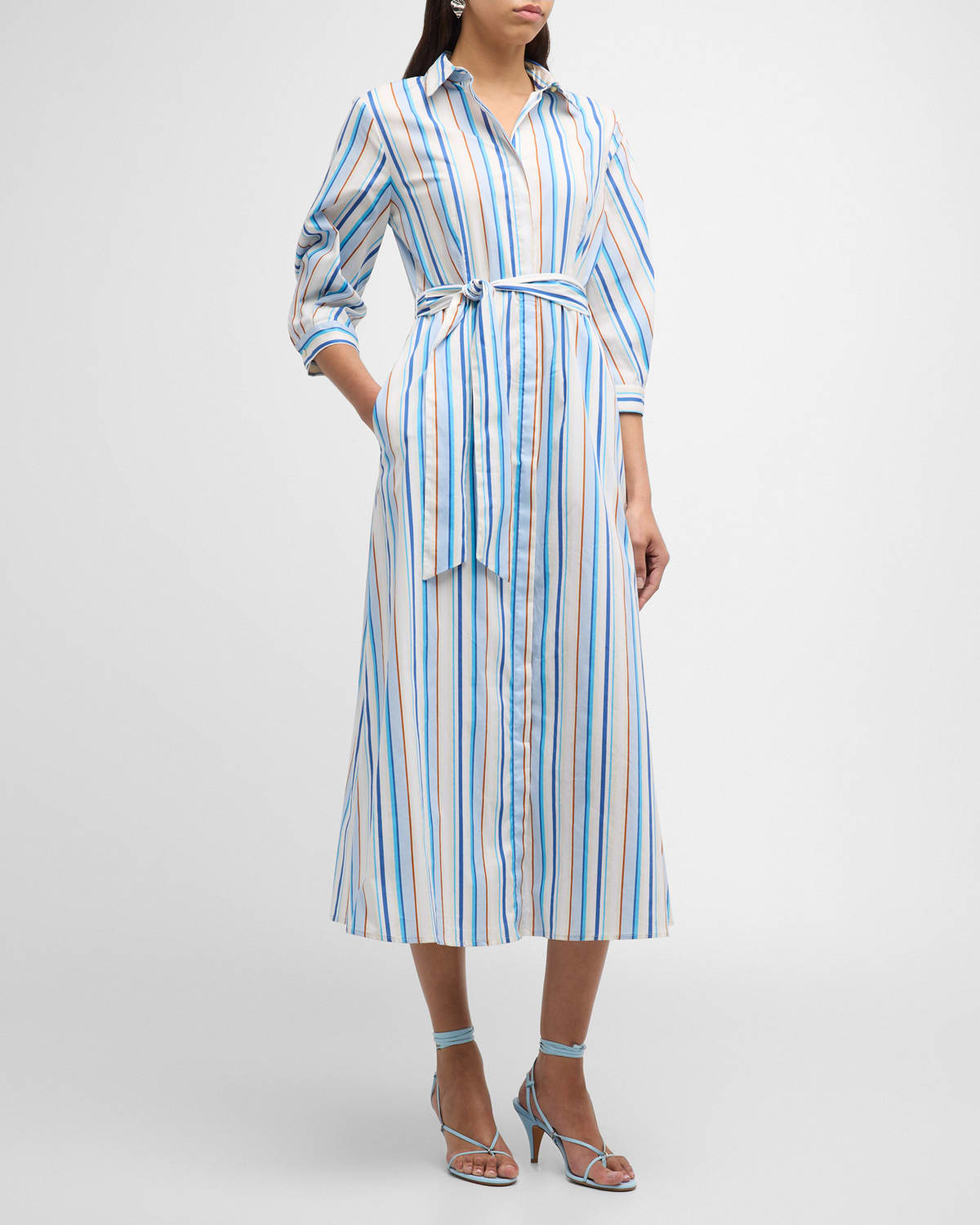 Shop Marella Jutta Striped 3/4-sleeve Midi Shirtdress In Turquoise
