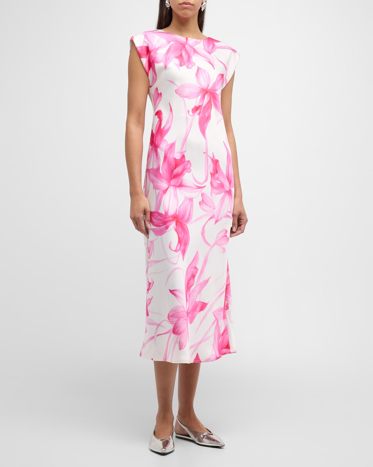 Marella Giostra Cap-sleeve Floral-print Midi Dress In Azalea Rose Big
