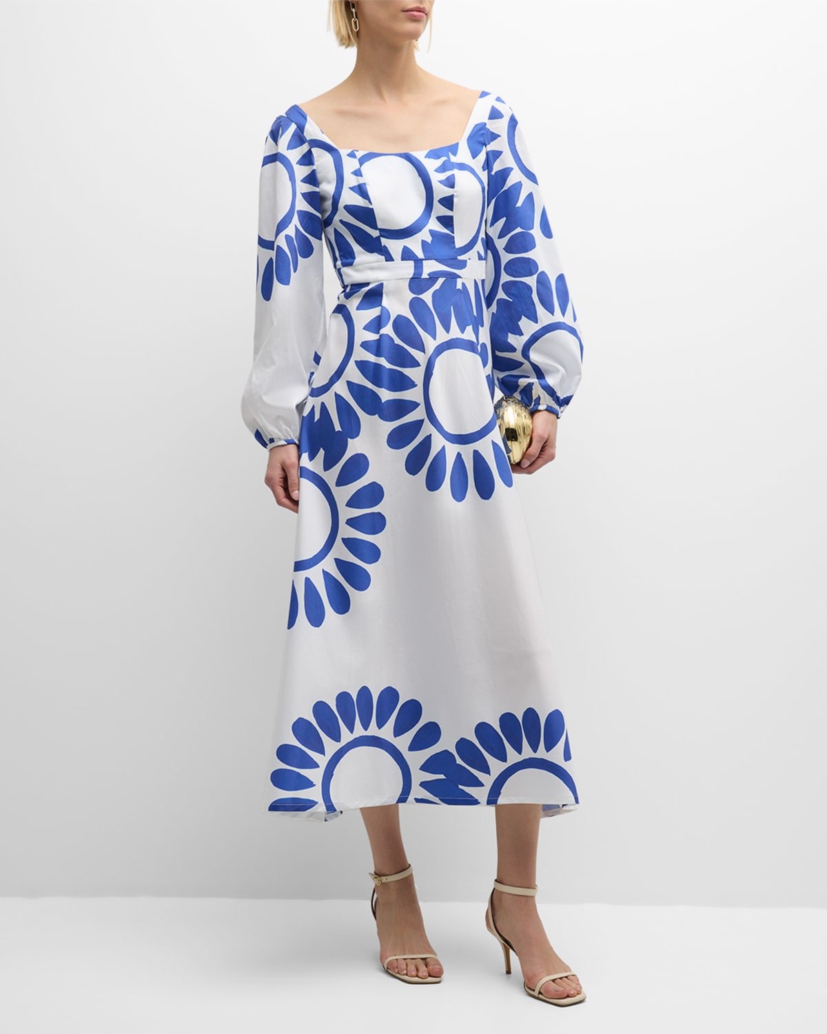 Shop Themis Z Ino Floral-print Blouson-sleeve Midi Dress In Blue On White