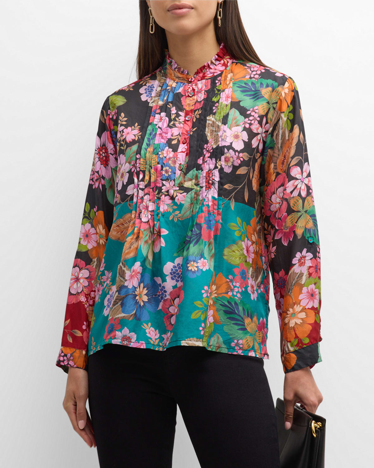 Johnny Was Lapham Malia Floral-print Pintuck Silk Blouse In Multi