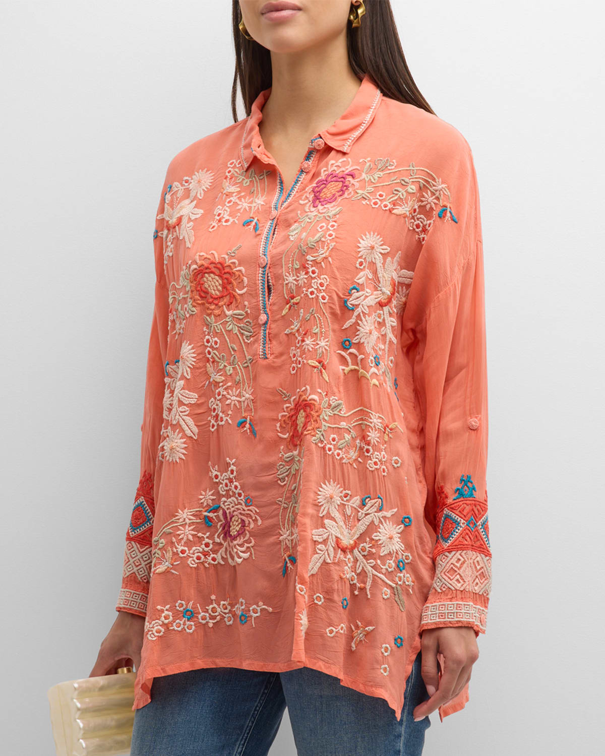 Johnny Was Adrina Floral-embroidered Georgette Tunic In Coral Quartz