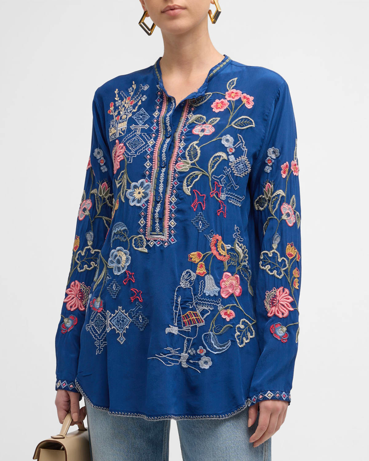 Nya Floral-Embroidered Silk Blouse