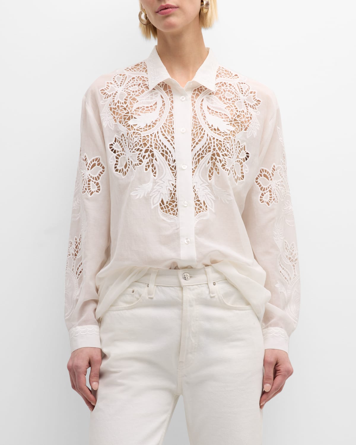 Johnny Was Laurena Embroidered Cutwork Silk Shirt In Antique White