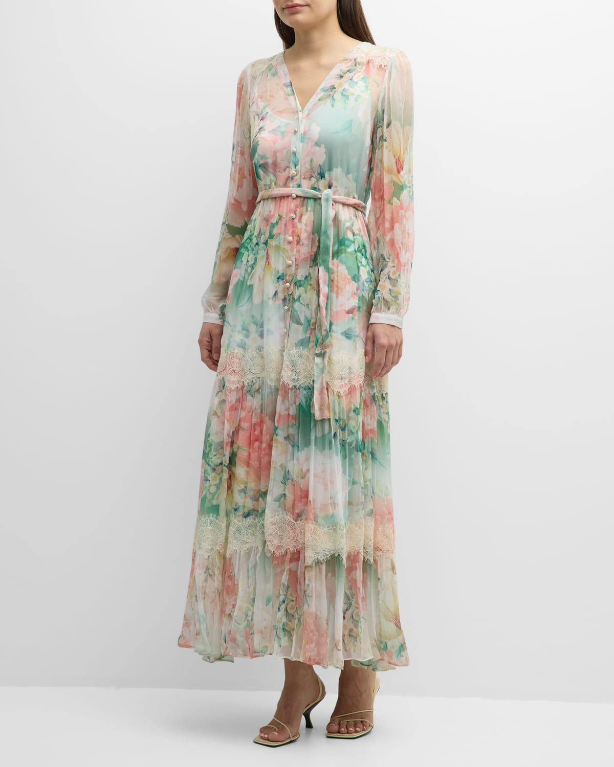 Johnny Was Ruksana Floral-print Lace-trim Maxi Dress In Neutral