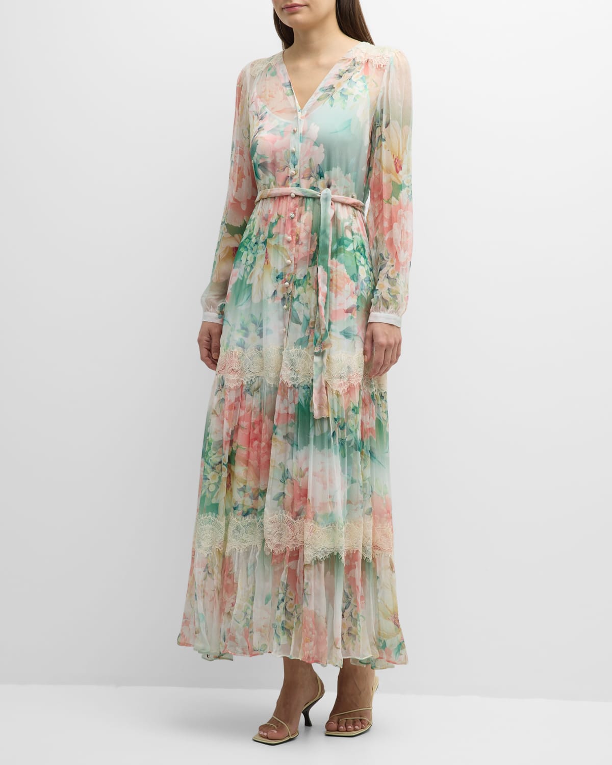 JOHNNY WAS RUKSANA FLORAL-PRINT LACE-TRIM MAXI DRESS