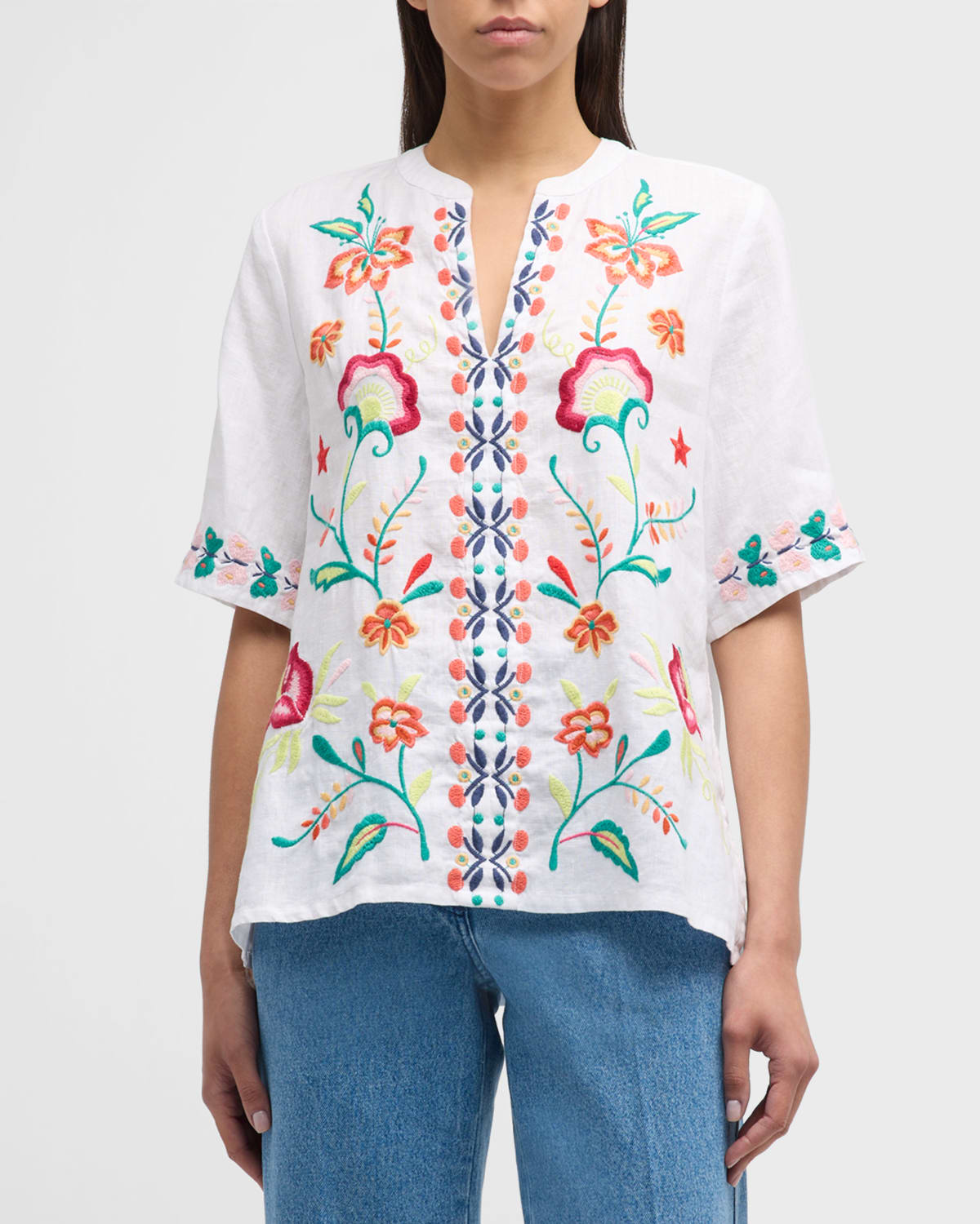 Shop Johnny Was Averi Floral-embroidered Linen Top In White