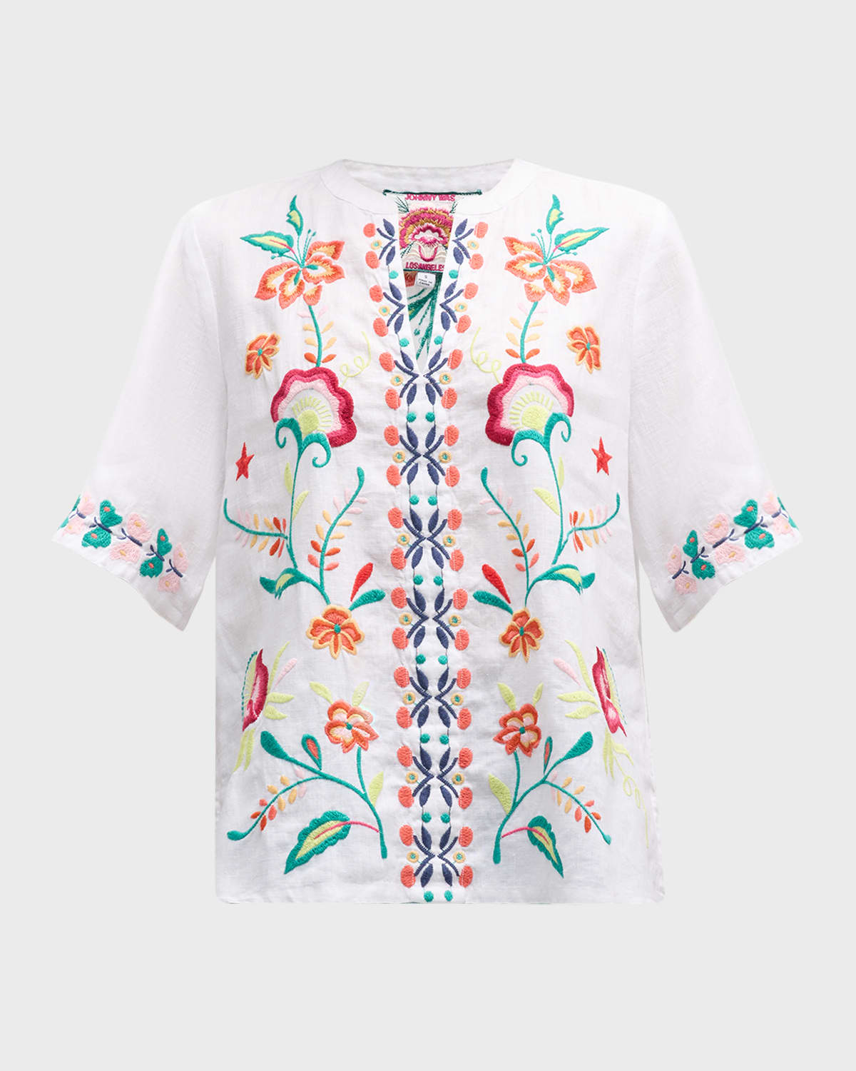 Shop Johnny Was Averi Floral-embroidered Linen Top In White