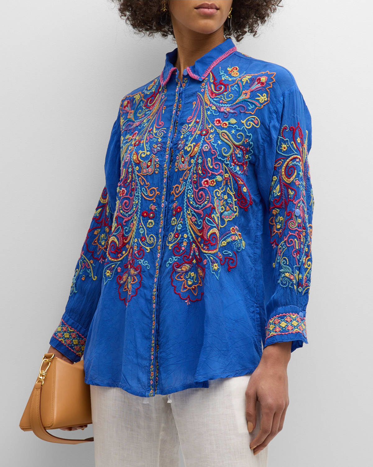 Johnny Was Cachemire Floral-embroidered Button-down Tunic In Admiral Blue