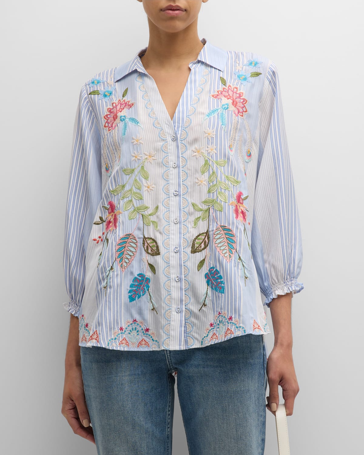 Shop Johnny Was Emika Striped Floral-embroidered Silk Shirt