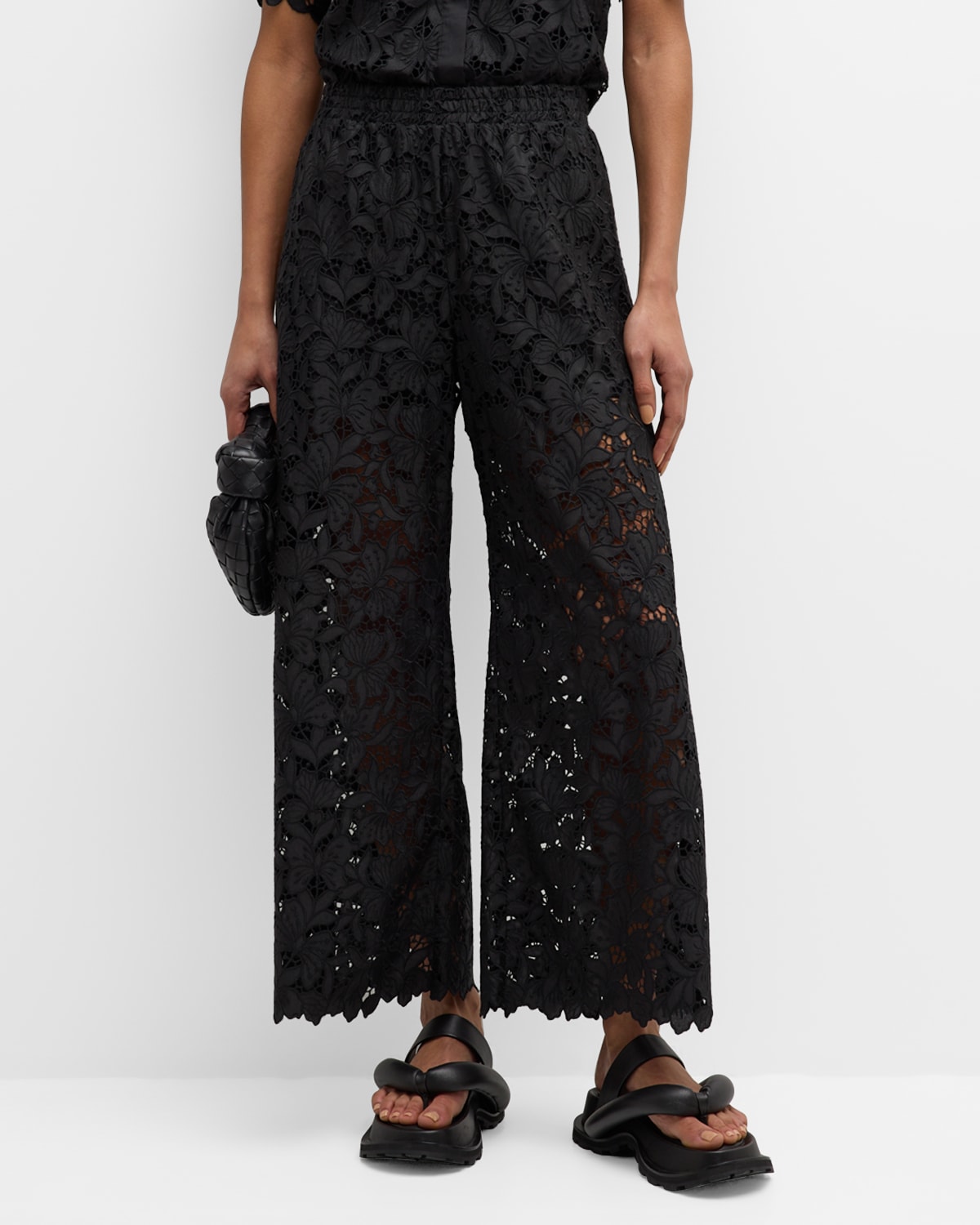 Johnny Was Kitt Cropped Wide-leg Floral Lace Pants In Black