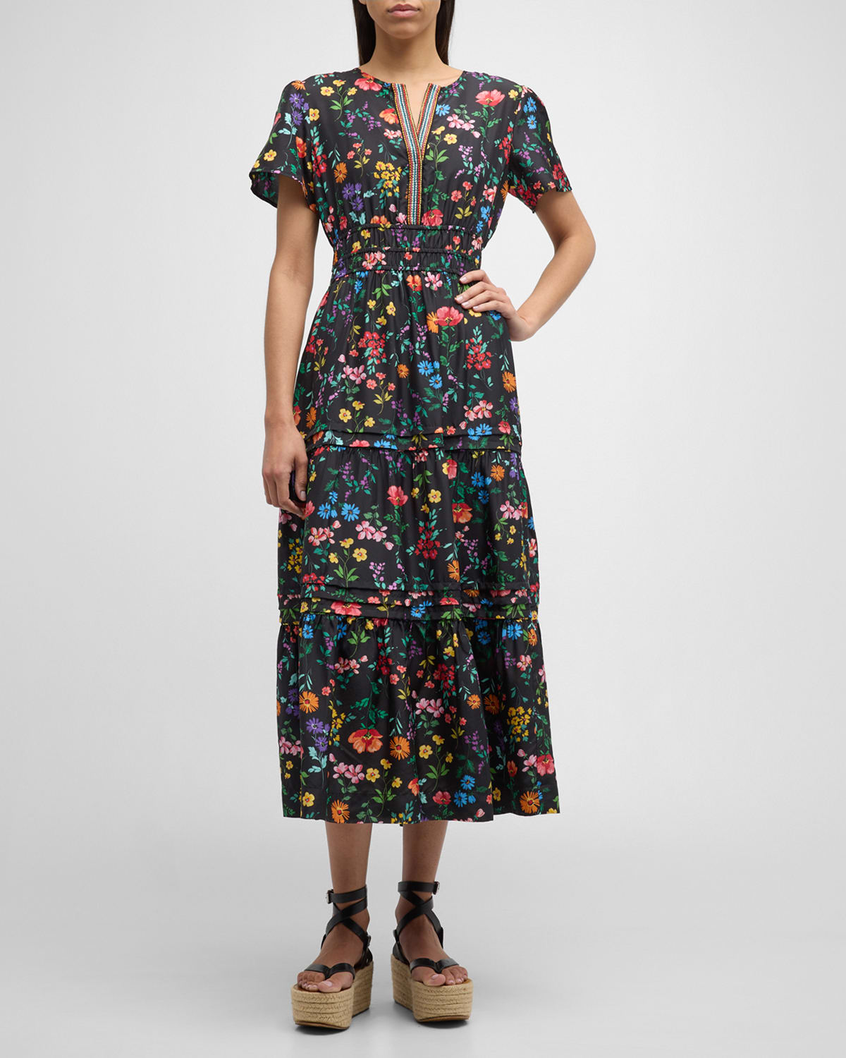 Shop Johnny Was Harper Tiered Floral-print Silk Midi Dress In Multi