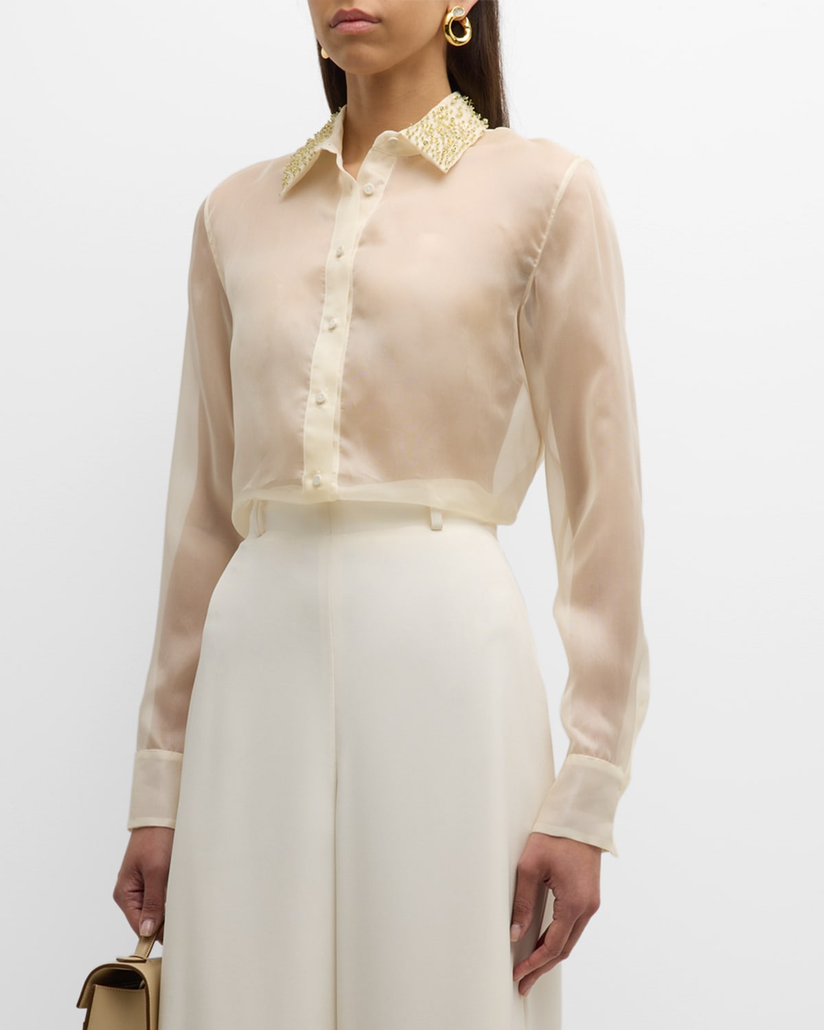 Shop Fabiana Filippi Beaded Sheer Silk Organza Shirt In Bianco