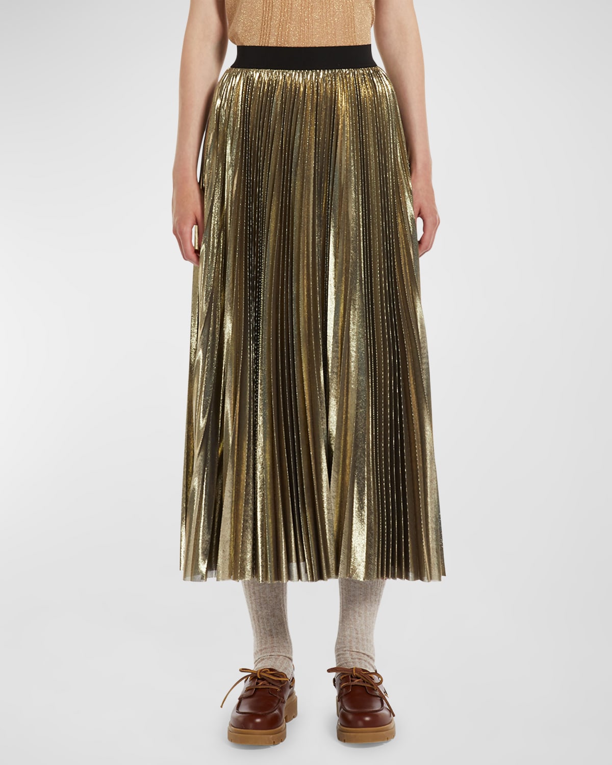 Shop Weekend Max Mara Nurra Pleated Metallic A-line Midi Skirt In Gold