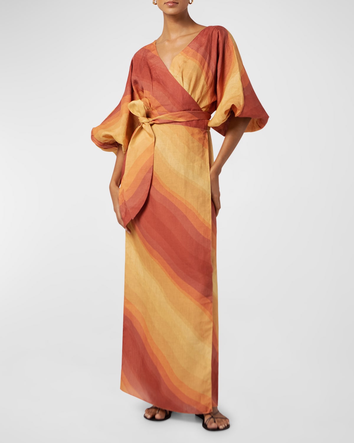 Baudo Lantern-Sleeve Long Linen Wrap Dress