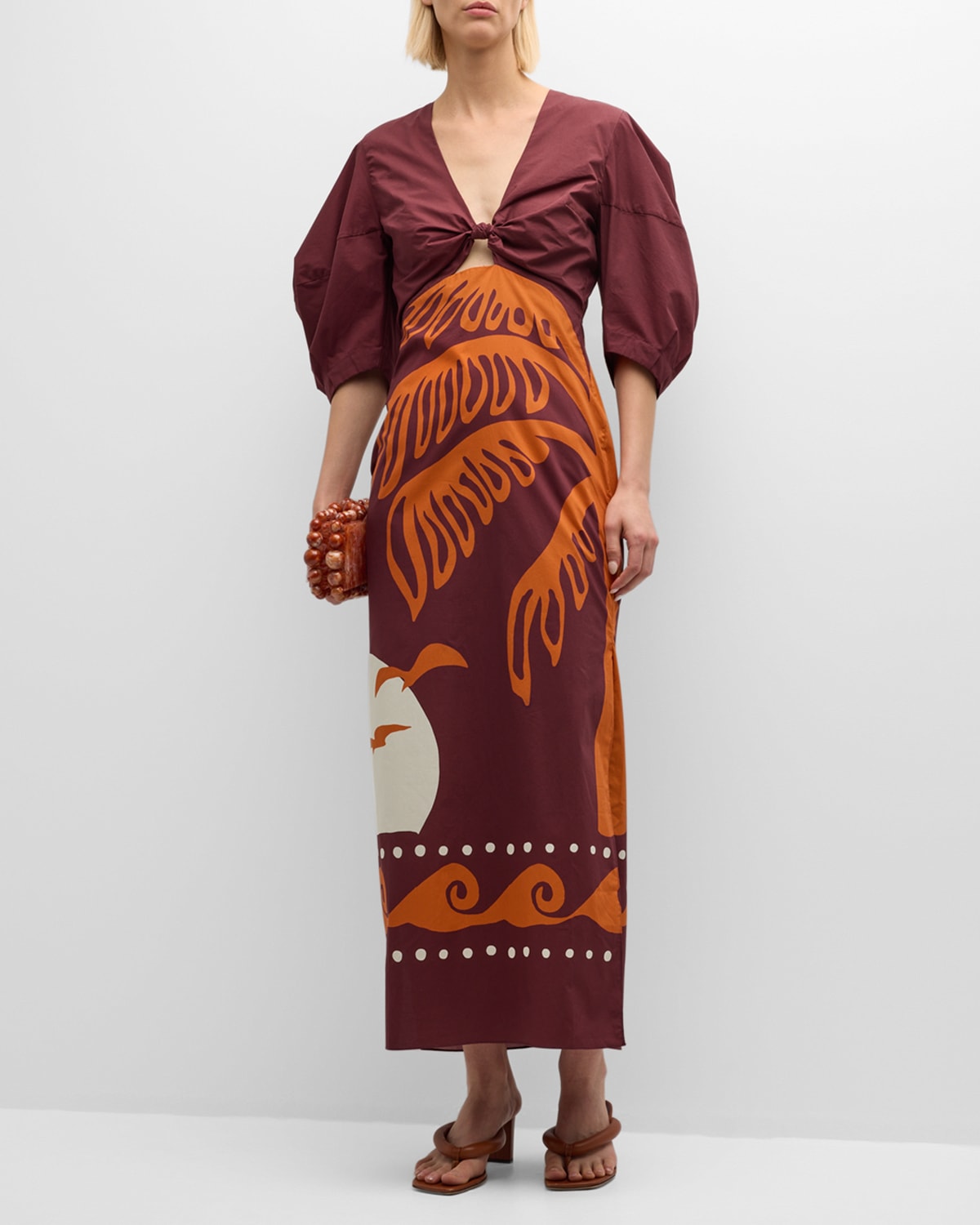 Cala De La Cruz Gaia Organic Cotton Knotted Puff-sleeve Sheath Dress In Brown