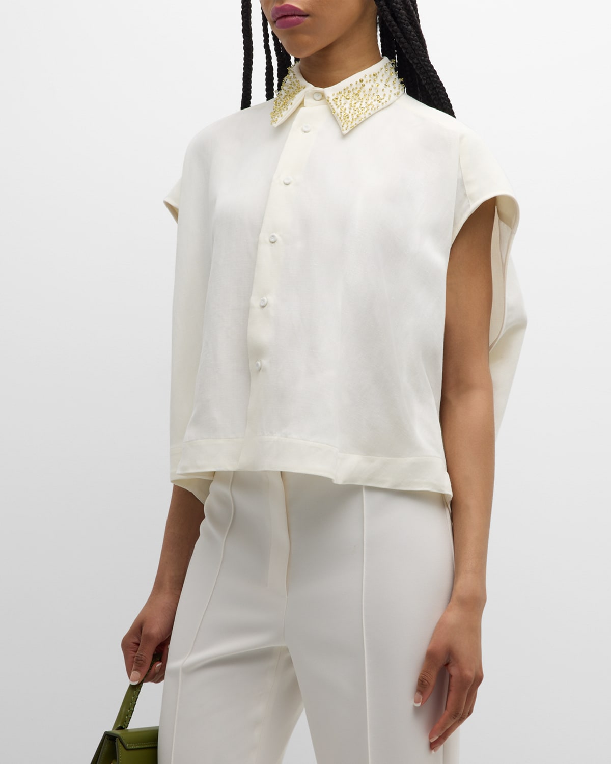 Shop Fabiana Filippi Beaded Cap-sleeve Boxy Shirt In Bianco