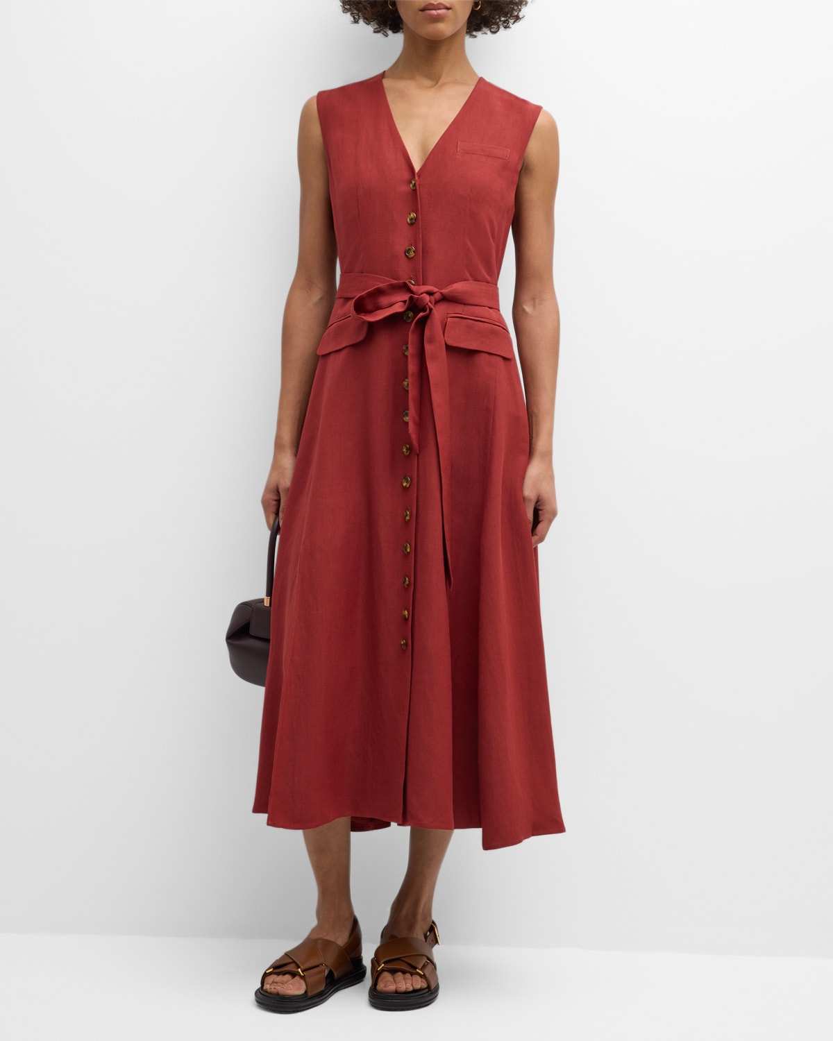 Argent Belted Button-front Twill Waistcoat Midi Dress In Chili