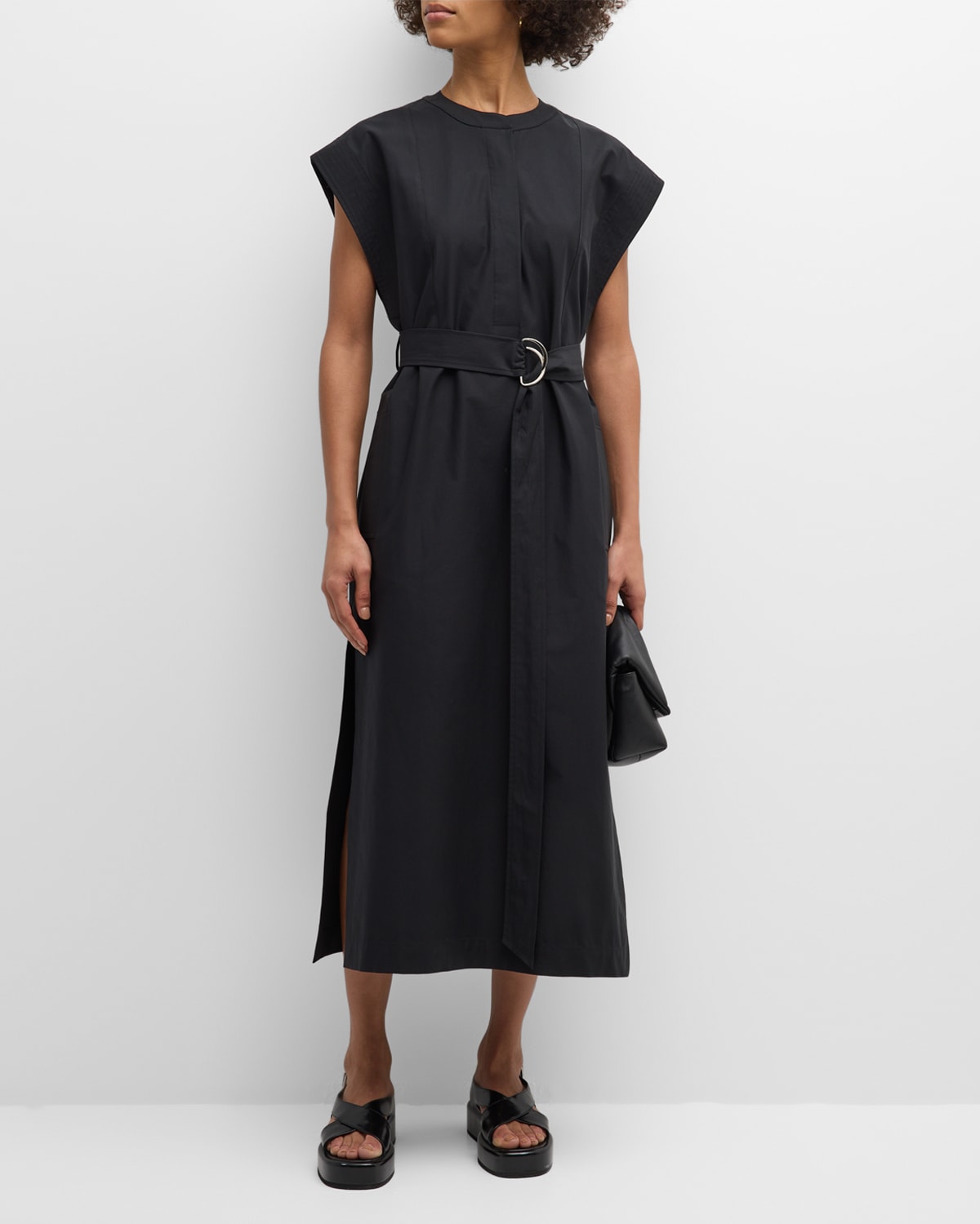 Argent Belted Cap-sleeve Cotton Twill Midi Dress In Black