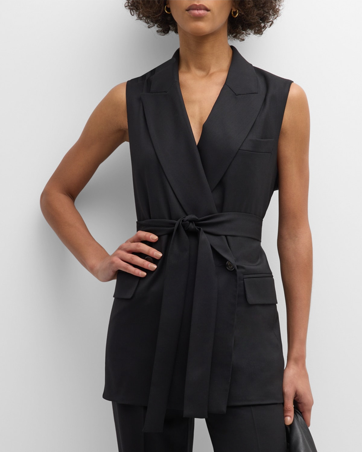 Argent Belted Double-breasted Seasonless Wool Vest In Black