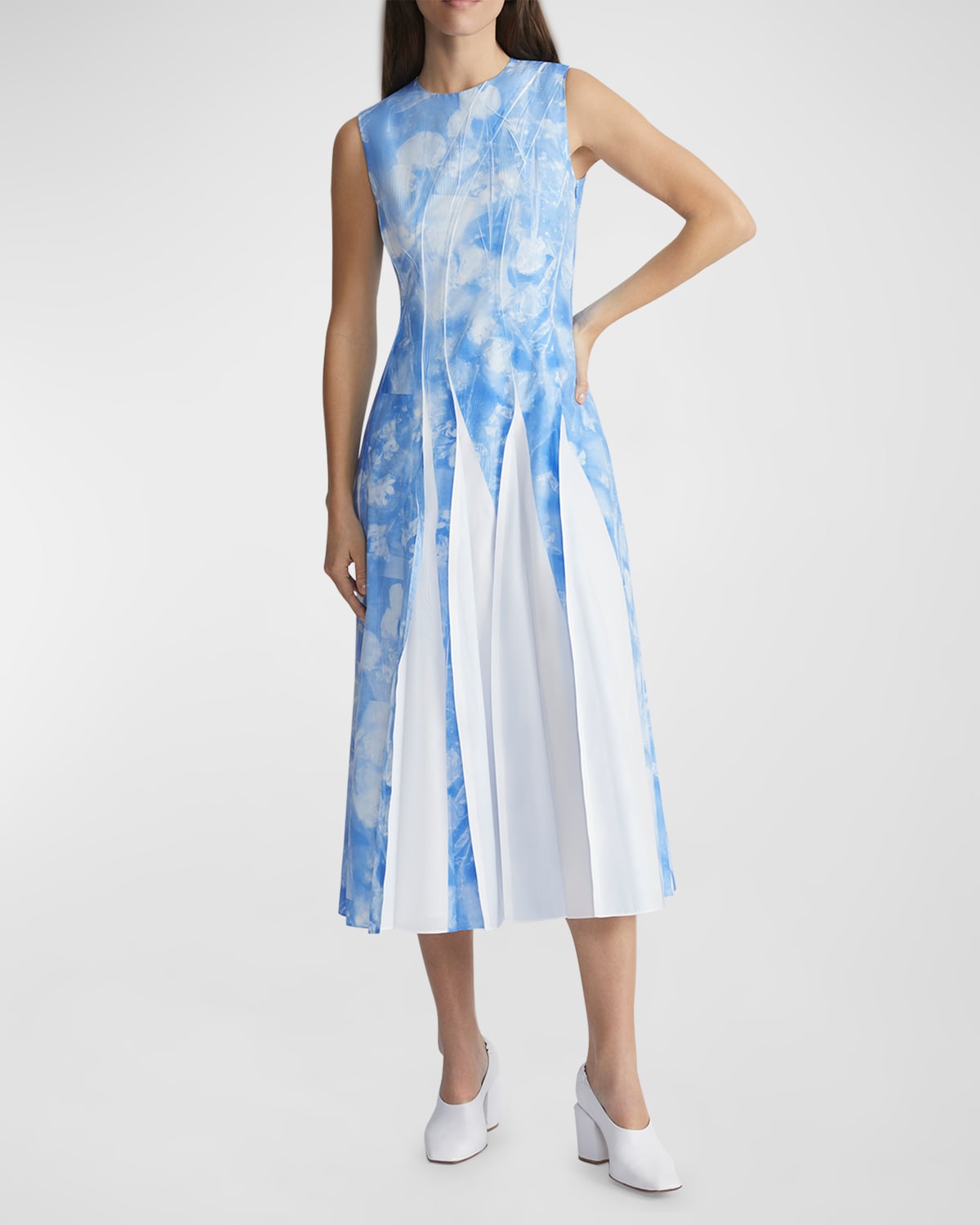 Shop Lafayette 148 Sleeveless Pleated Floral-print Midi Dress In Sky Blue Multi