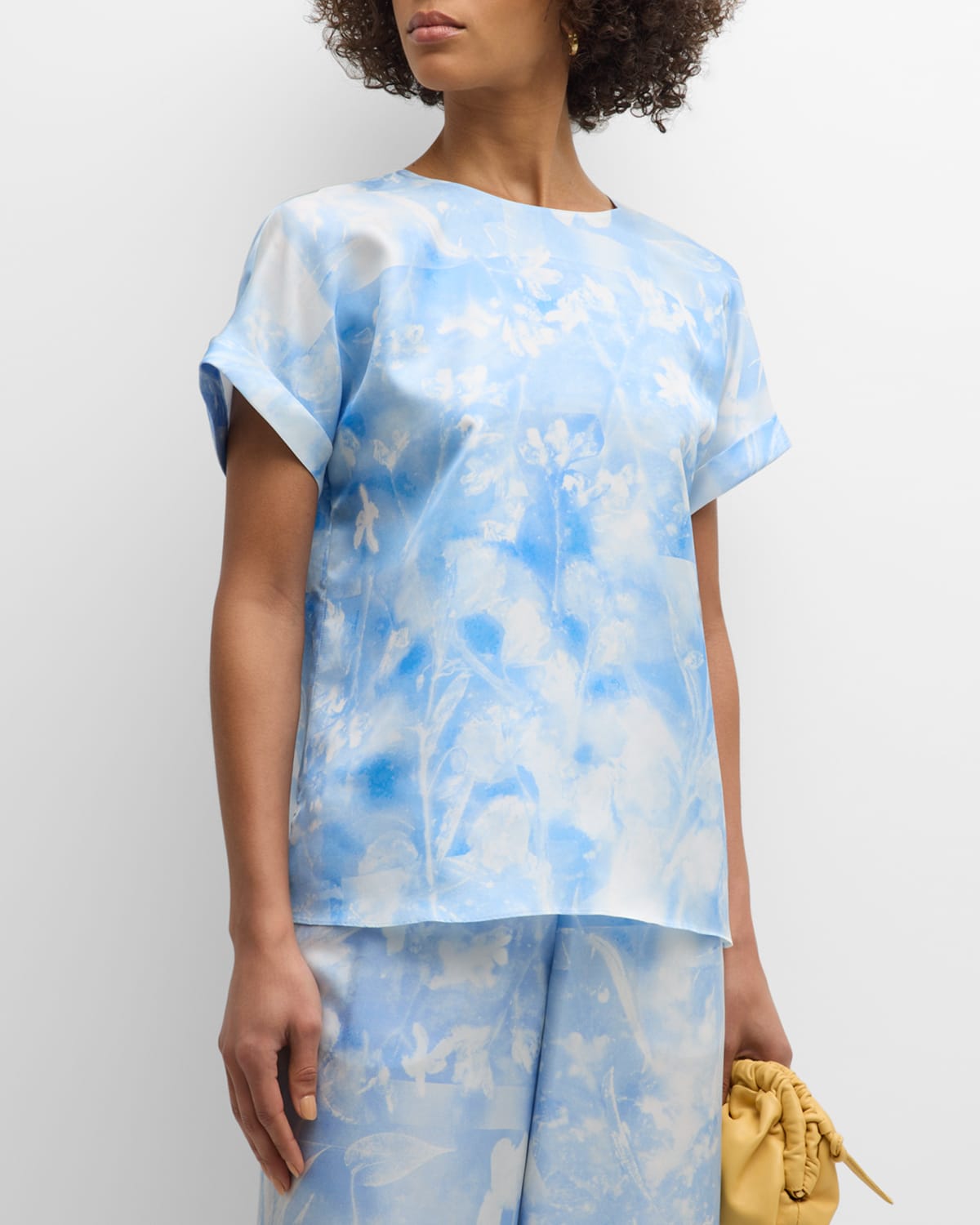 Shop Lafayette 148 Floral-print Dolman-sleeve Silk Twill Shirt In Sky Blue Multi