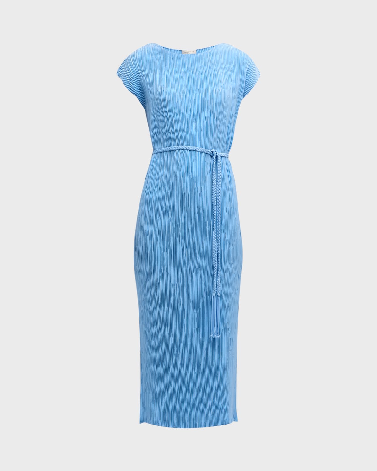 Shop Lafayette 148 Pleated Tie-waist Column Midi Dress In Sky Blue