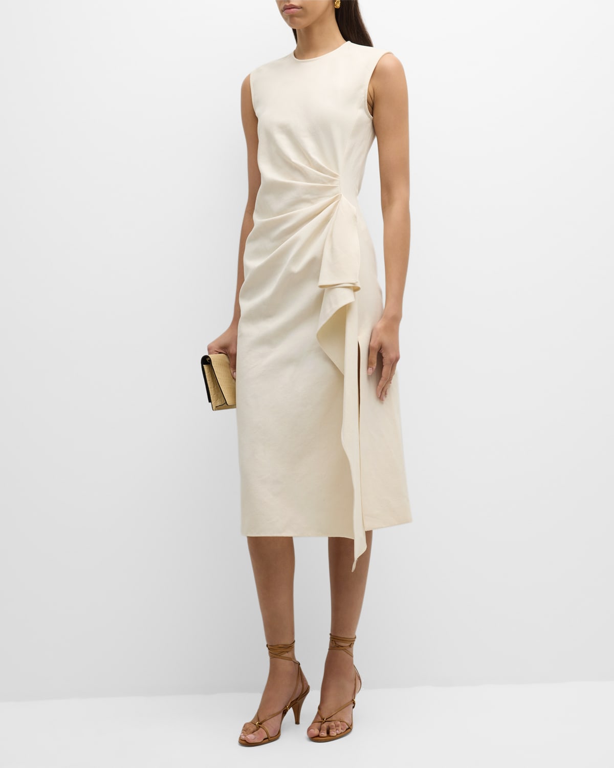 Mantù Sleeveless Pleated Cotton-linen Midi Dress In Beige