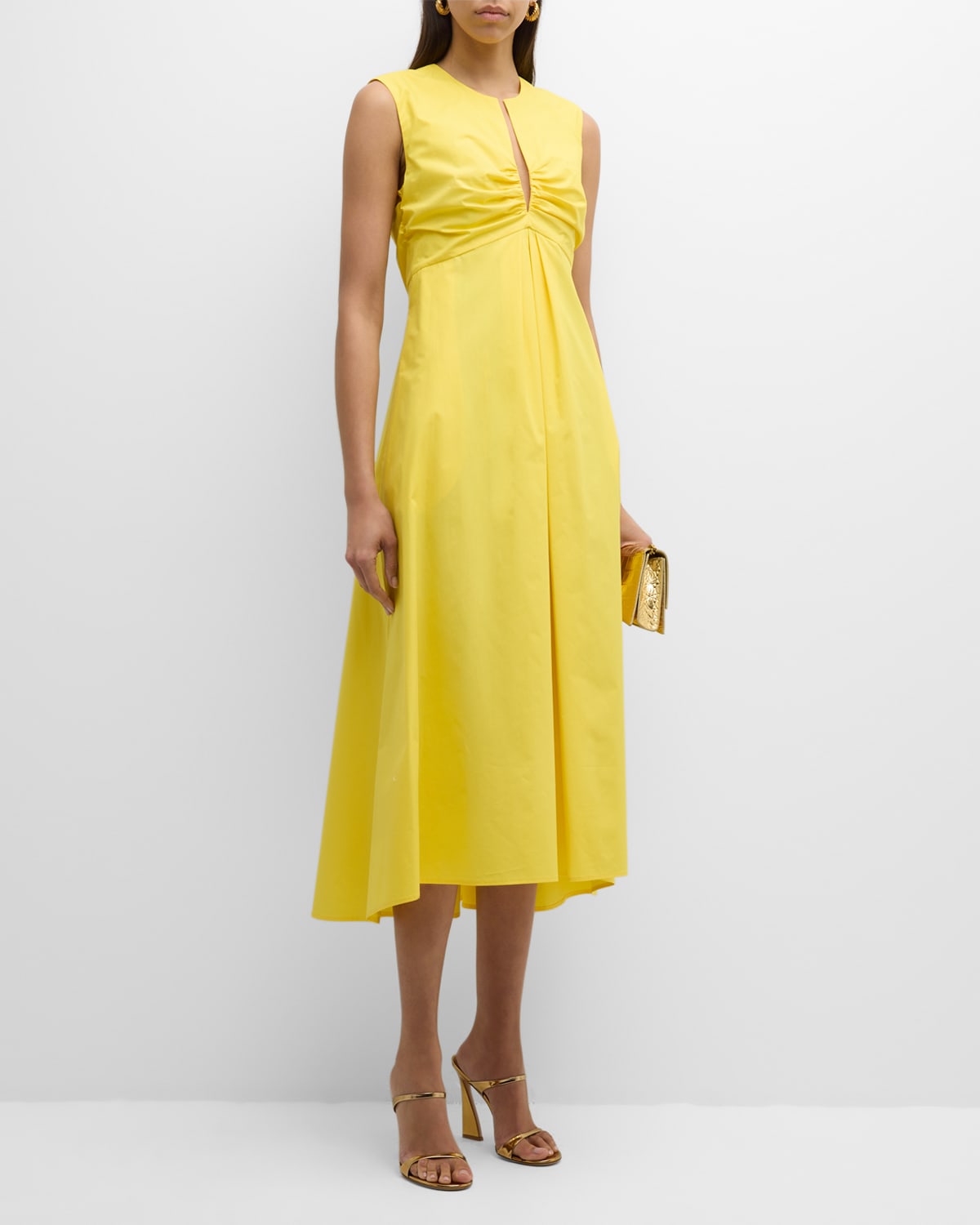 Mantù Sleeveless Pleated Cotton Midi Dress In Lemon