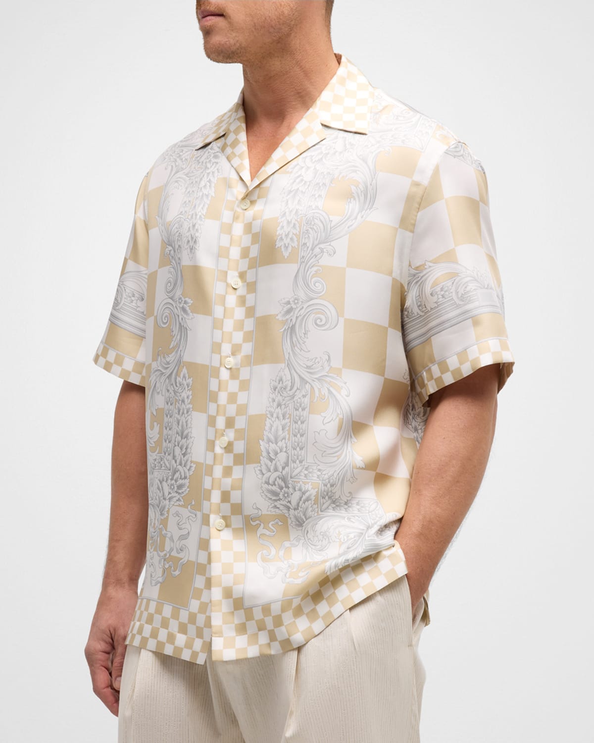 Men's Checkered Medusa Silk Camp Shirt