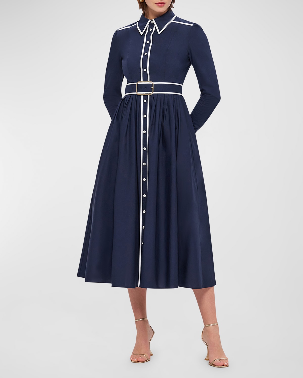 Leo Lin Veronica Belted Two-tone Cotton Midi Shirt Dress In Oxford Blue