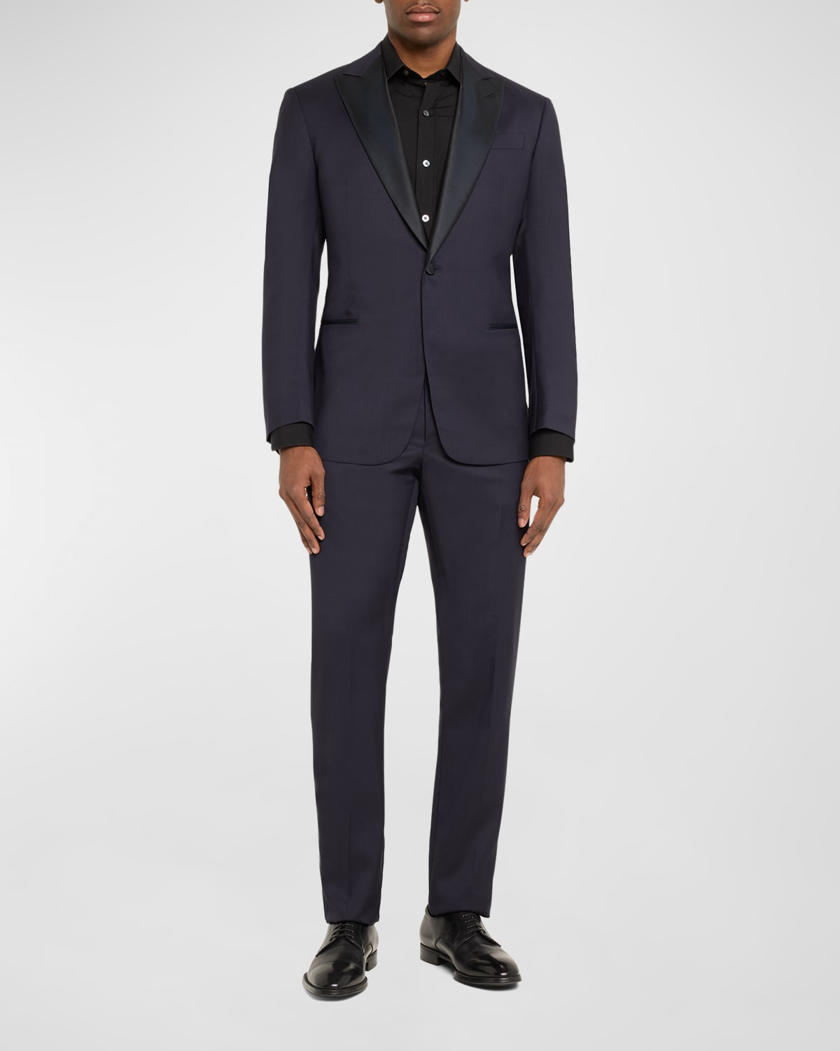 Shop Giorgio Armani Men's Silk-lapel Micro-pattern Suit In Solid Dark Blue
