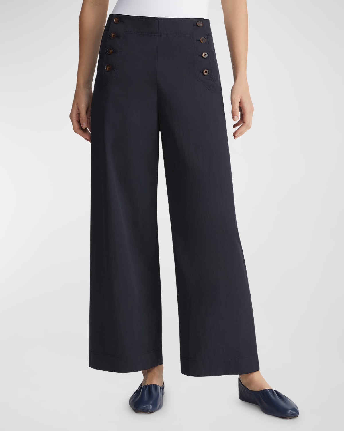 Shop Lafayette 148 Seabring High-rise Wide-leg Cotton Twill Pants In Navy